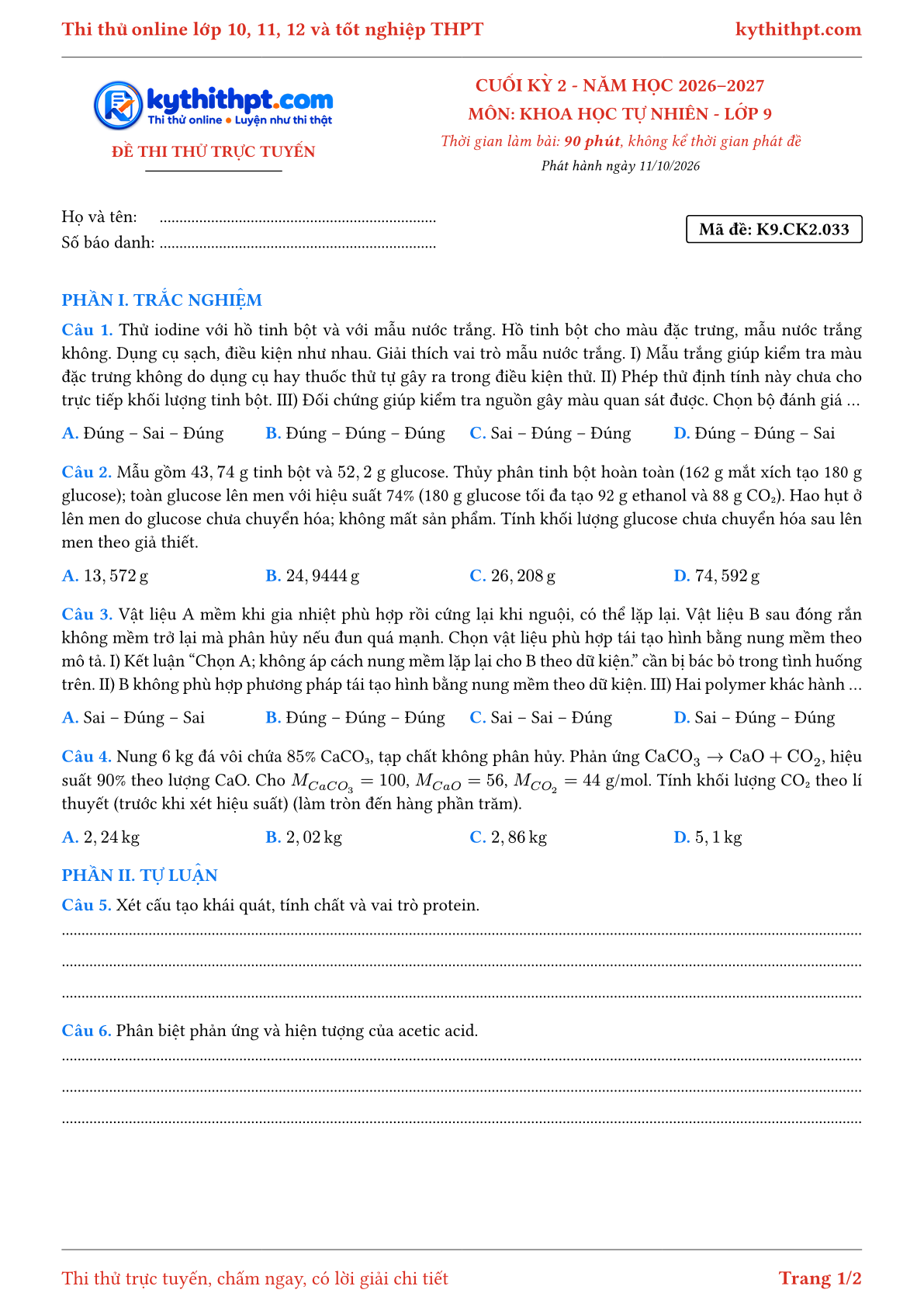 Trang đầu Đề thi thử online cuối kỳ 2 môn Khoa học tự nhiên lớp 9 - trắc nghiệm + tự luận nâng cao - đề 033