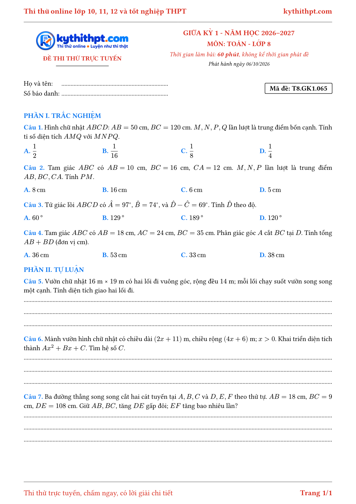 Trang đầu Đề thi thử online giữa kỳ 1 môn Toán lớp 8 - trắc nghiệm + tự luận nâng cao - đề 068
