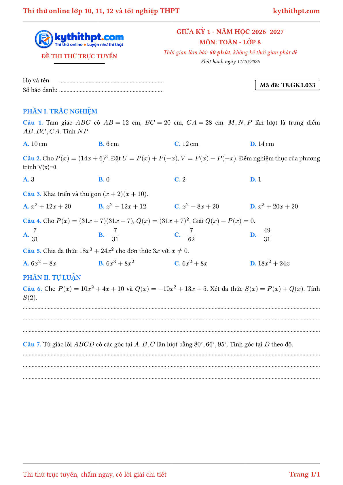 Trang đầu Đề thi thử online giữa kỳ 1 môn Toán lớp 8 - trắc nghiệm + tự luận - đề 034