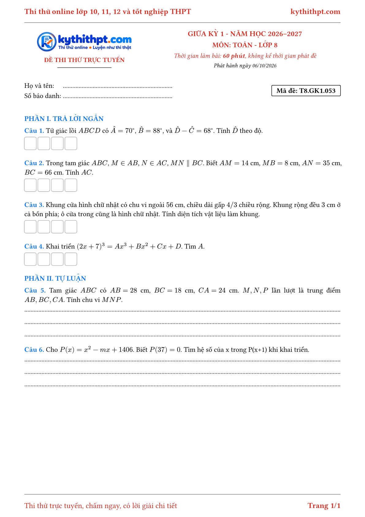 Trang đầu Đề thi thử online giữa kỳ 1 môn Toán lớp 8 - trả lời ngắn + tự luận - đề 055