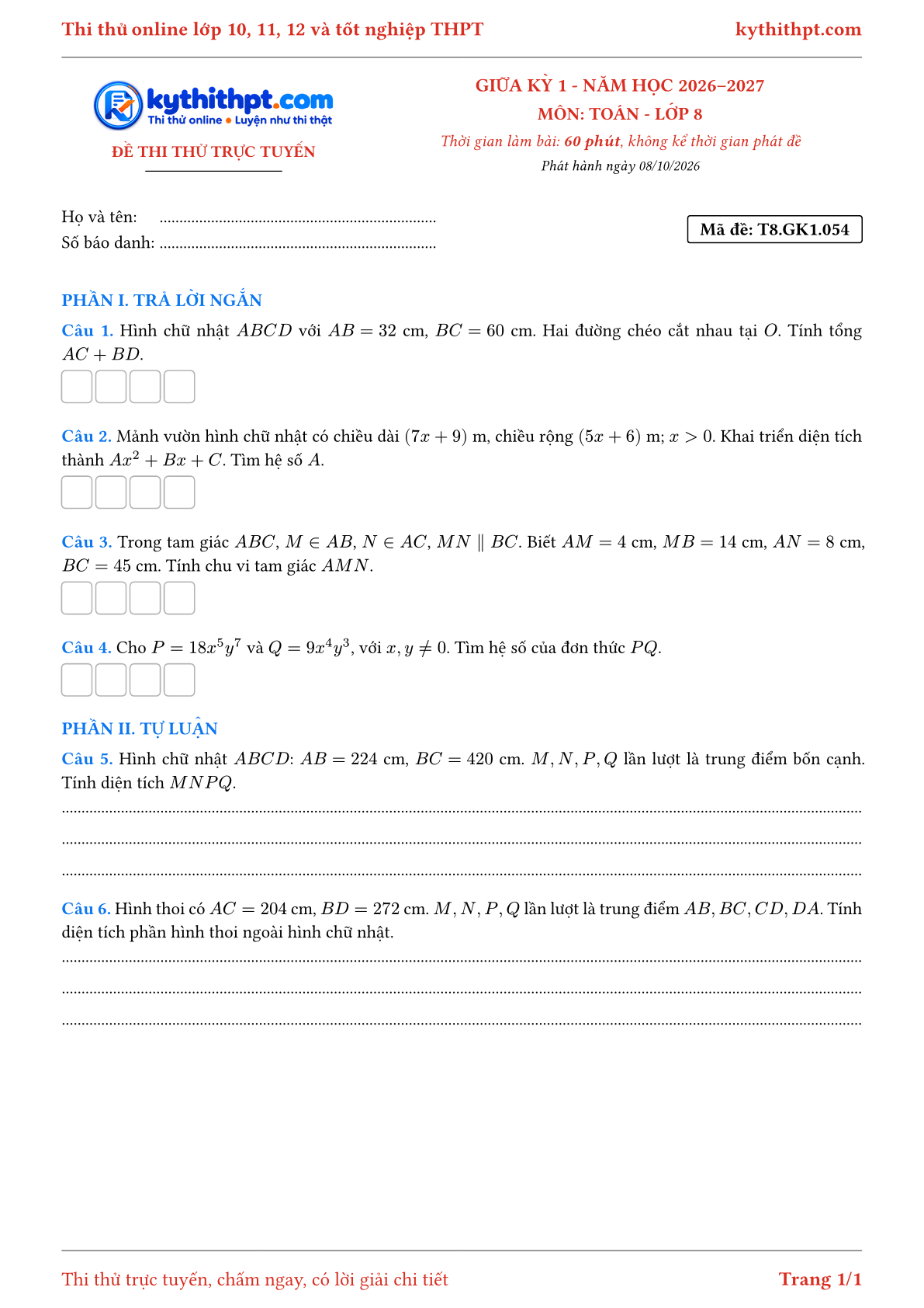 Trang đầu Đề thi thử online giữa kỳ 1 môn Toán lớp 8 - trả lời ngắn + tự luận - đề 056