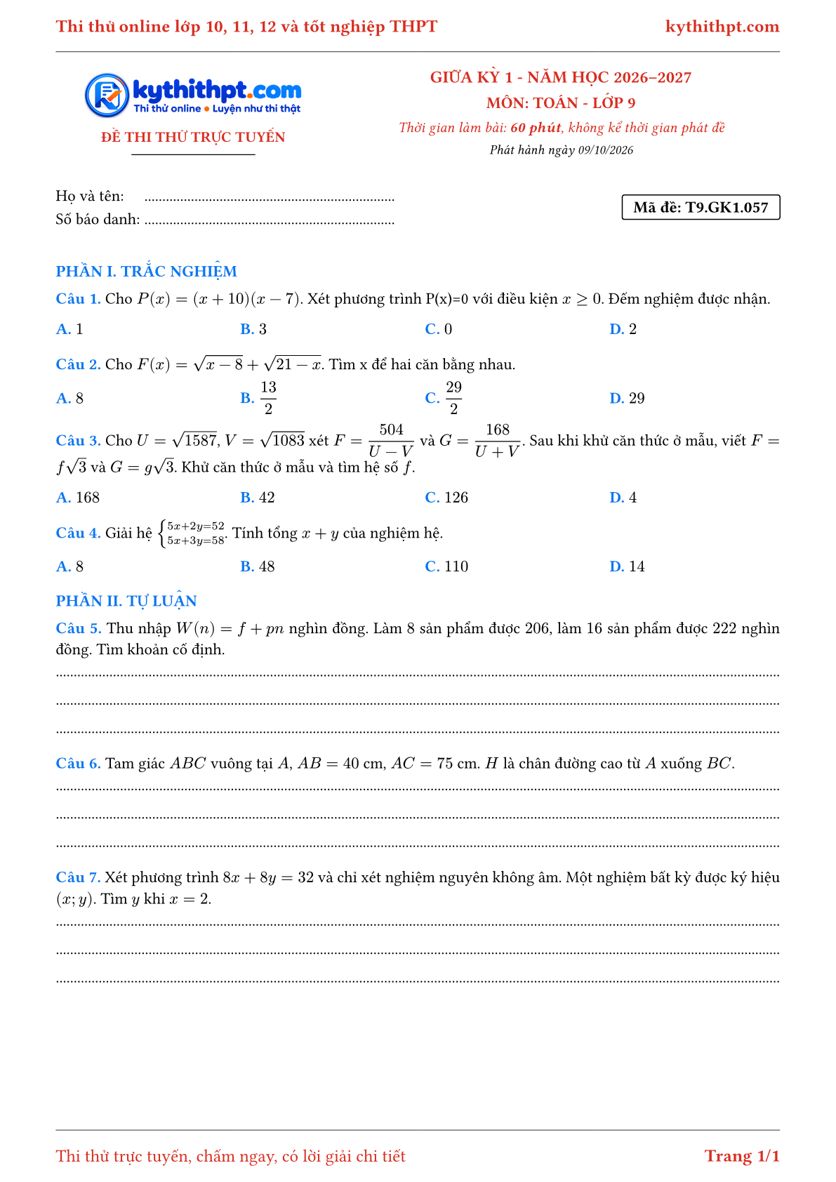 Trang đầu Đề thi thử online giữa kỳ 1 môn Toán lớp 9 - trắc nghiệm + tự luận nâng cao - đề 059