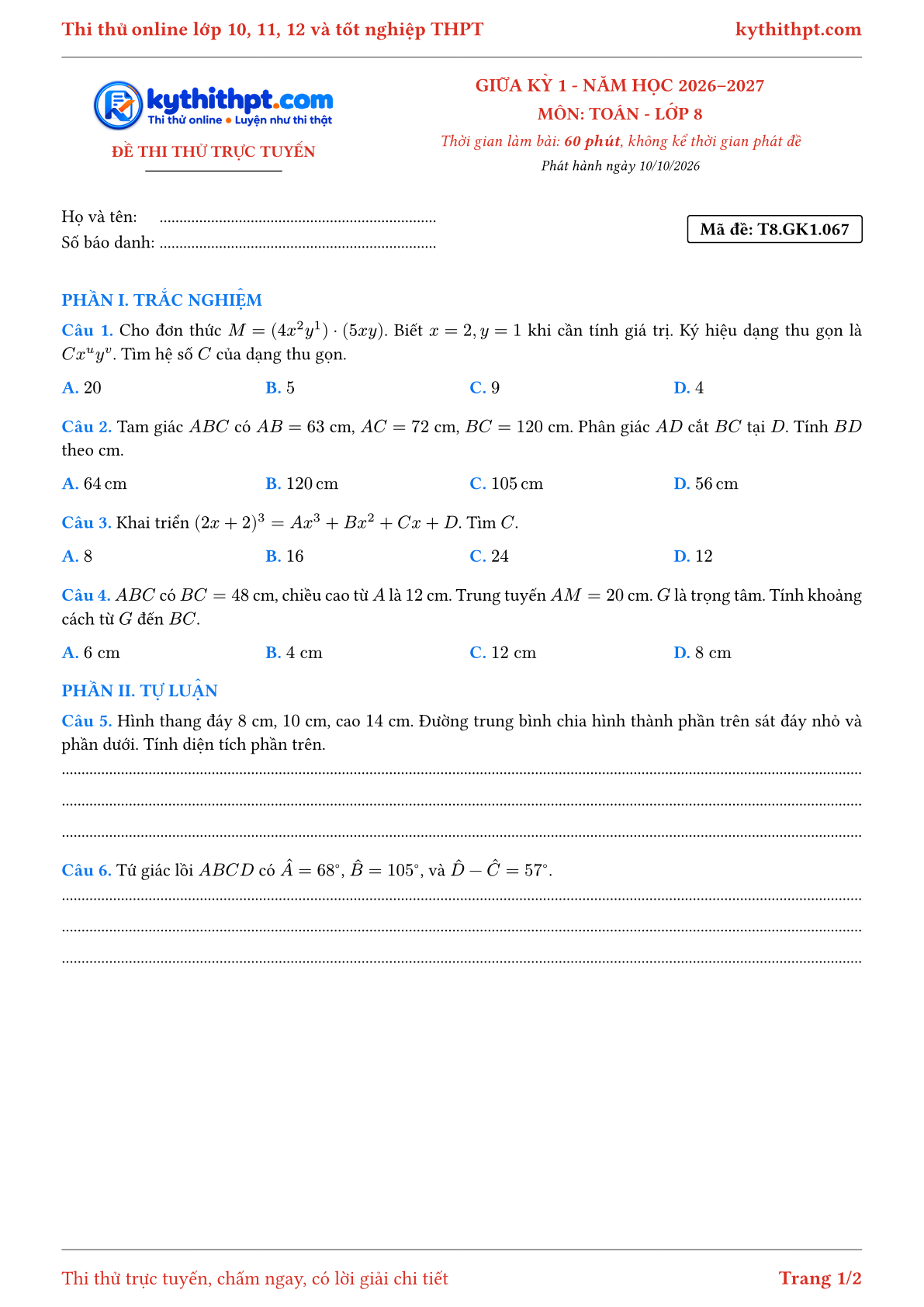 Trang đầu Đề thi thử online giữa kỳ 1 môn Toán lớp 8 - trắc nghiệm + tự luận nâng cao - đề 070