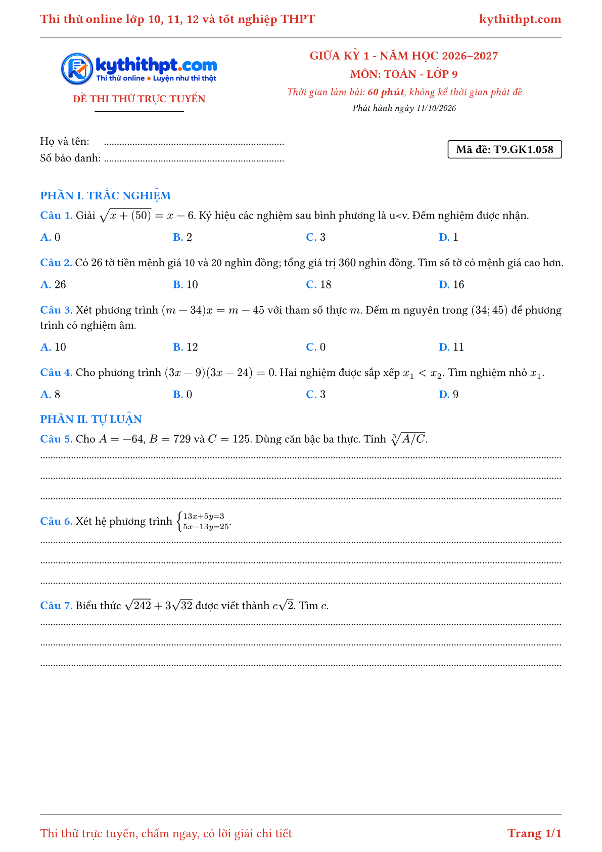 Trang đầu Đề thi thử online giữa kỳ 1 môn Toán lớp 9 - trắc nghiệm + tự luận nâng cao - đề 060
