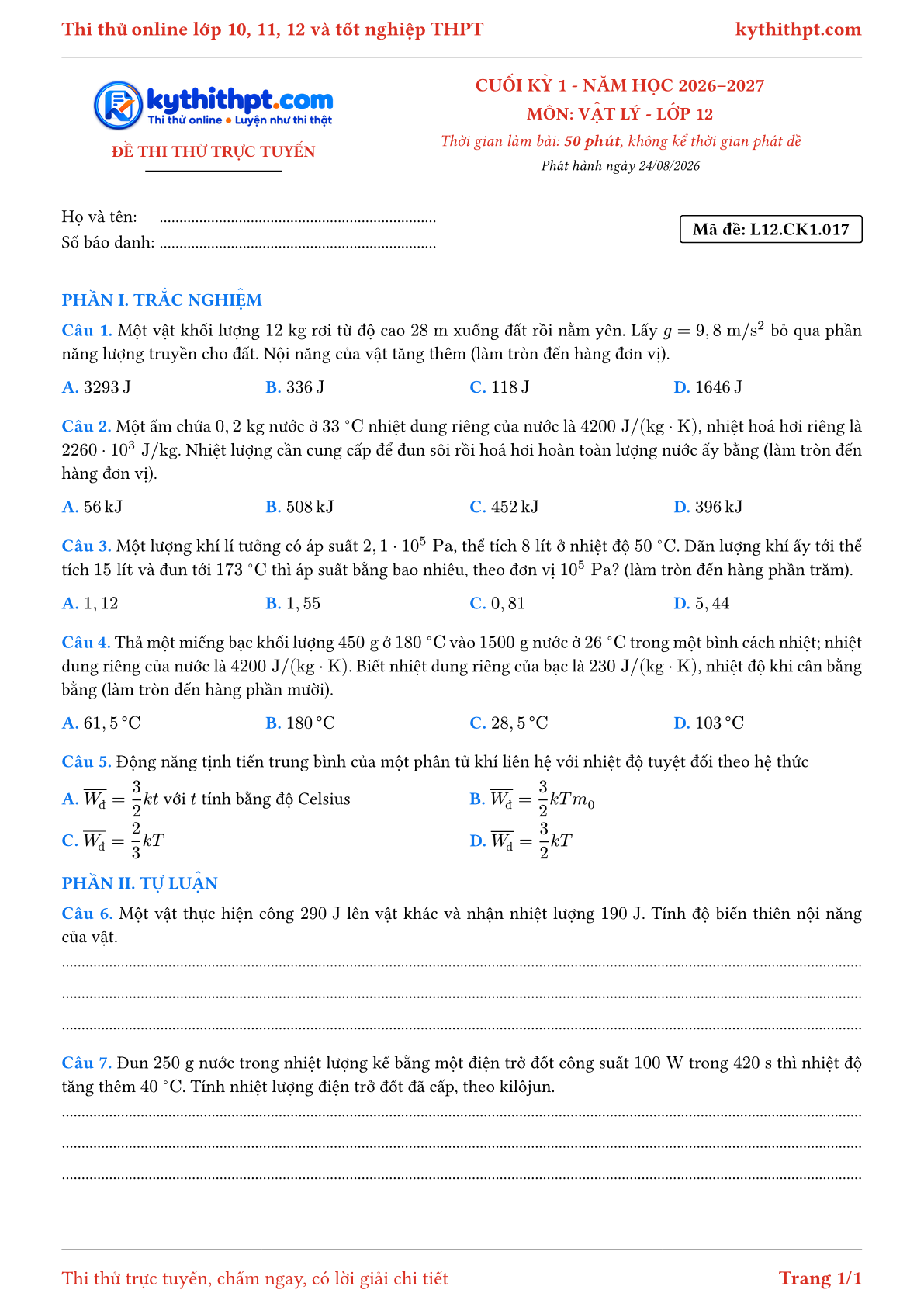 Trang đầu Đề thi thử online cuối kỳ 1 môn Vật lý lớp 12 - trắc nghiệm + tự luận - đề 017
