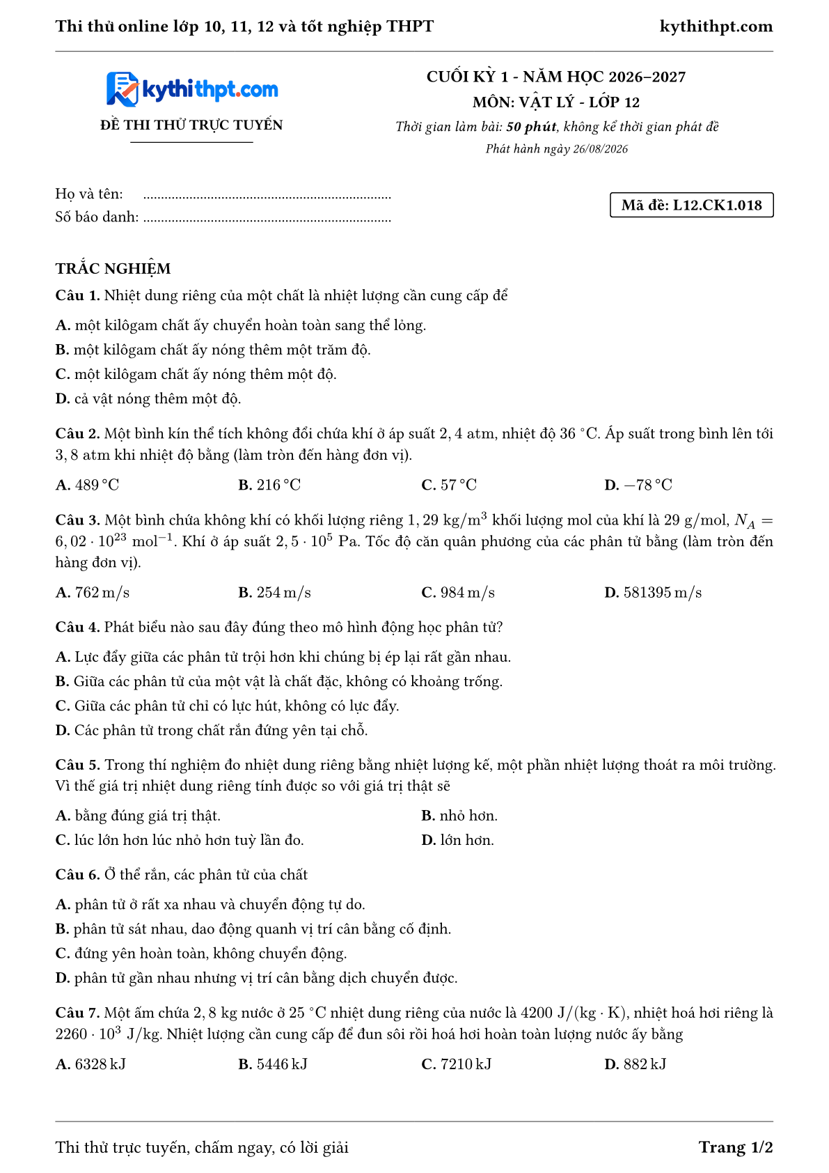 Trang đầu Đề thi thử online cuối kỳ 1 môn Vật lý lớp 12 - trắc nghiệm + đúng/sai + tự luận - đề 018