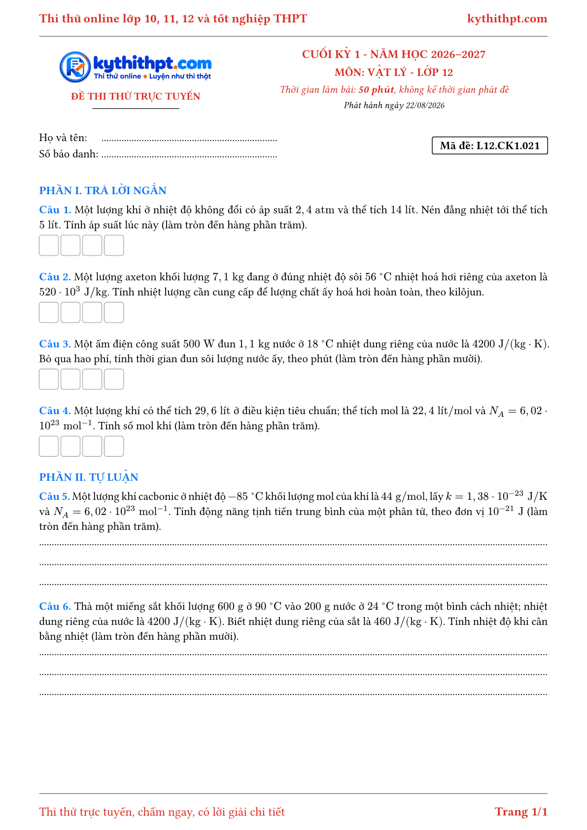 Trang đầu Đề thi thử online cuối kỳ 1 môn Vật lý lớp 12 - trả lời ngắn + tự luận - đề 021