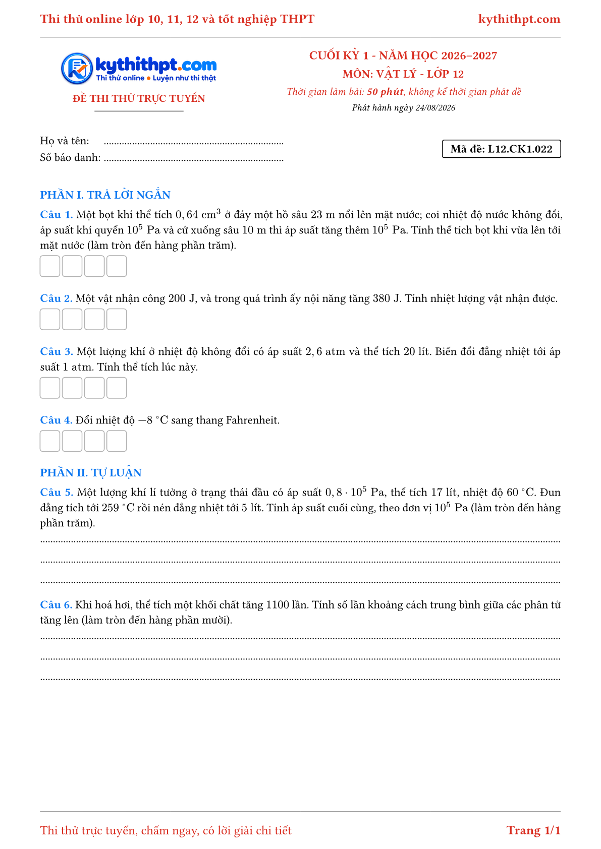 Trang đầu Đề thi thử online cuối kỳ 1 môn Vật lý lớp 12 - trả lời ngắn + tự luận - đề 022