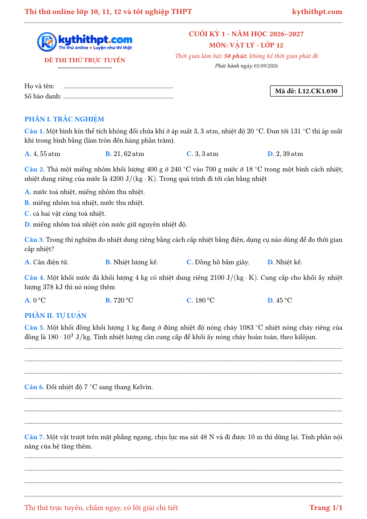 Trang đầu Đề thi thử online cuối kỳ 1 môn Vật lý lớp 12 - trắc nghiệm + tự luận nâng cao - đề 030