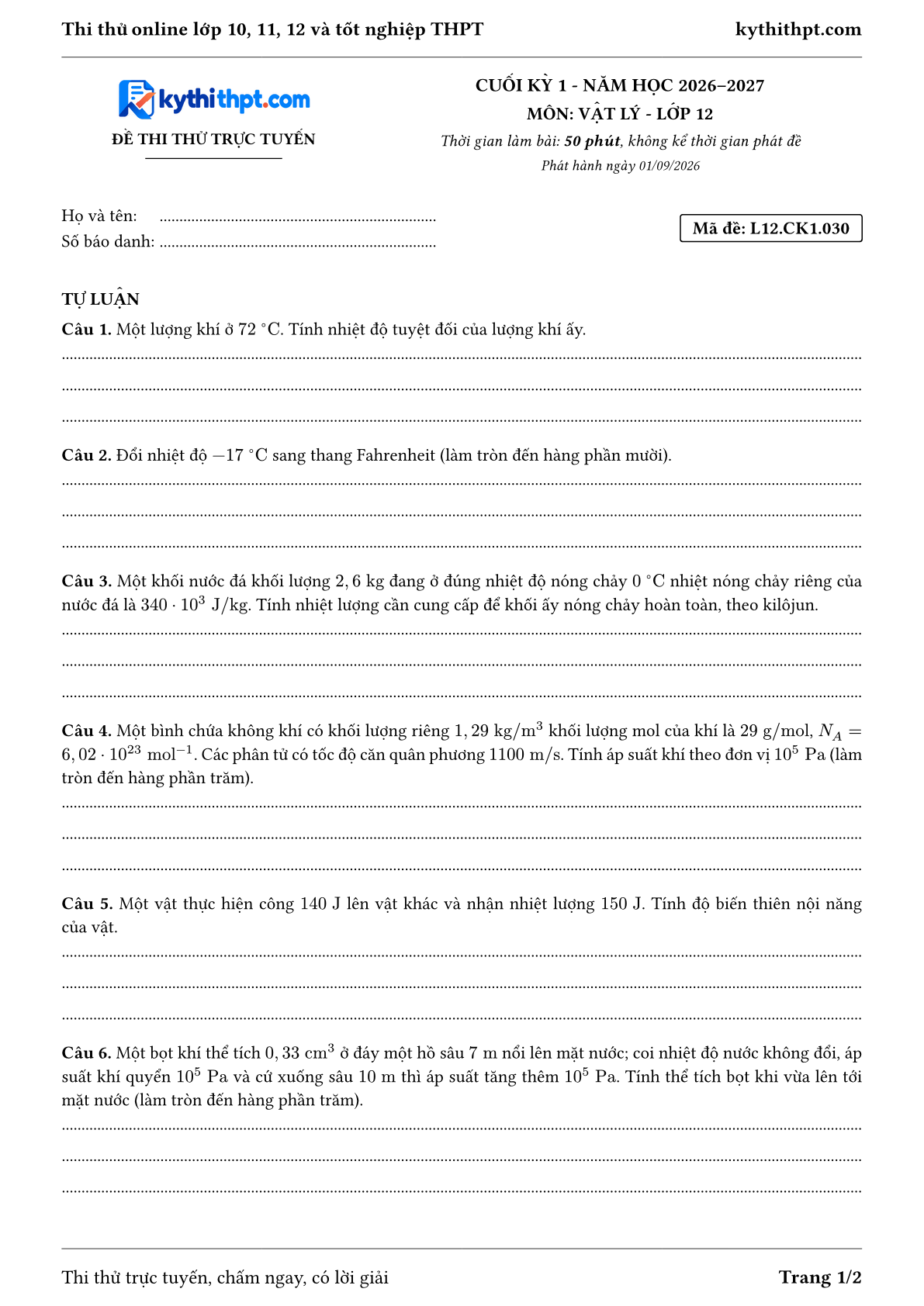 Trang đầu Đề thi thử online cuối kỳ 1 môn Vật lý lớp 12 - full tự luận - đề 030