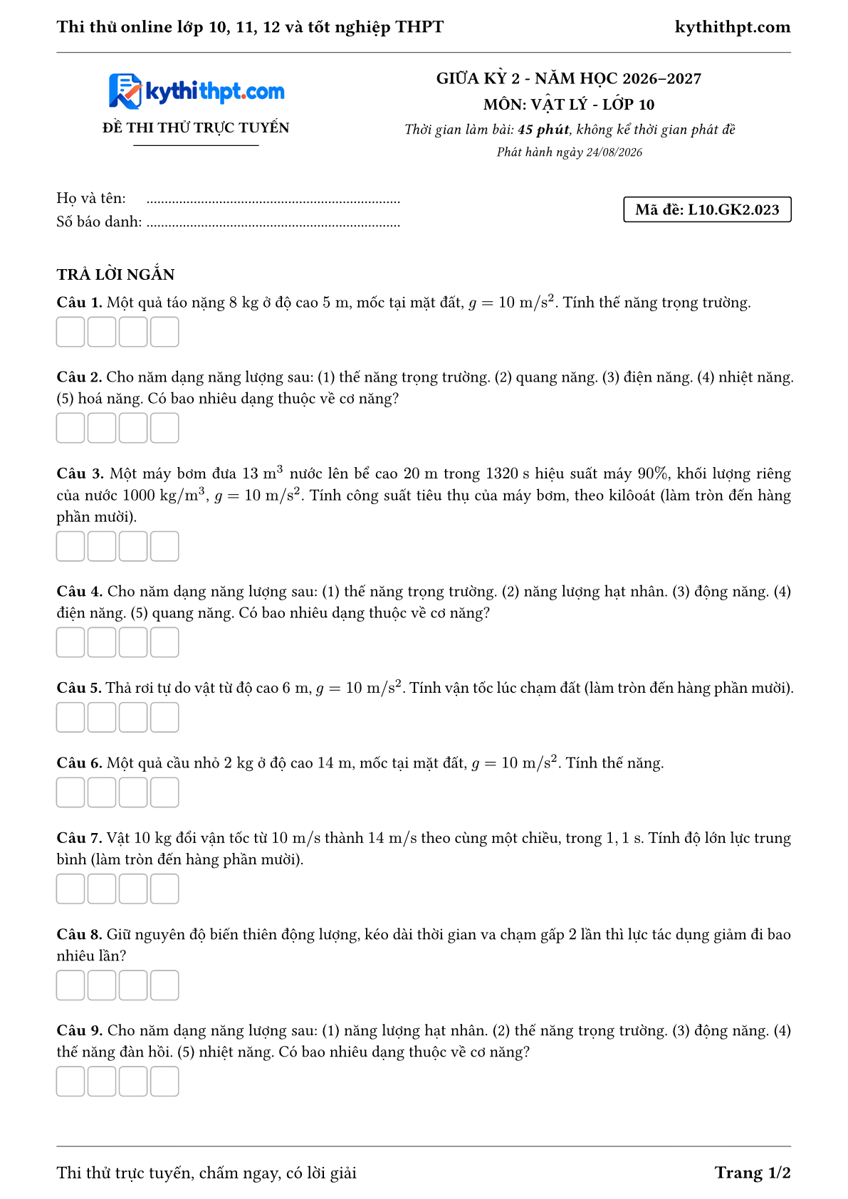 Trang đầu Đề thi thử online giữa kỳ 2 môn Vật lý lớp 10 - full trả lời ngắn - đề 023