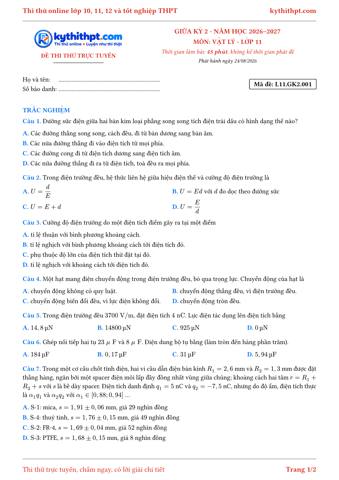 Trang đầu Đề thi thử online giữa kỳ 2 môn Vật lý lớp 11 - full trắc nghiệm - đề 001