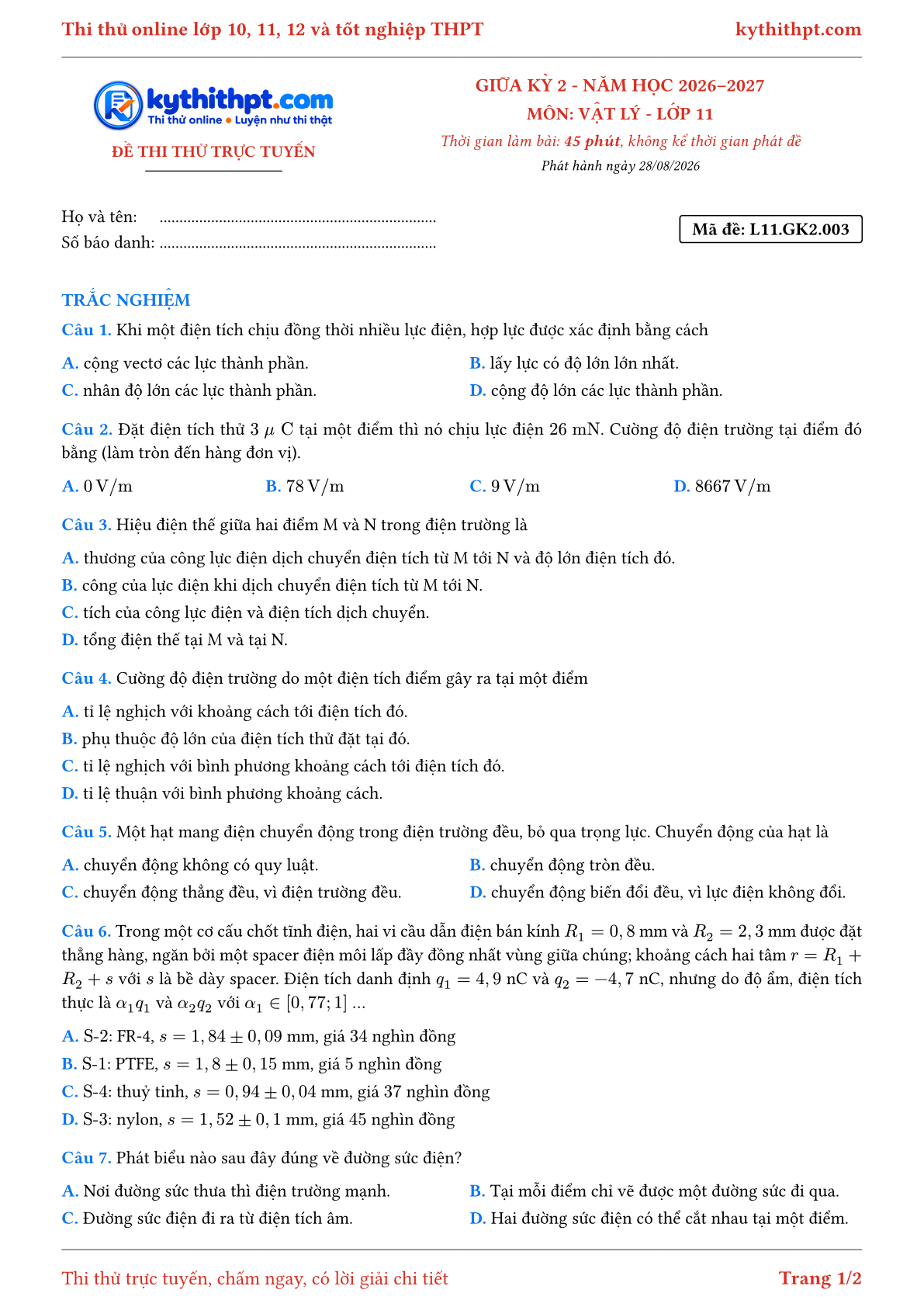 Trang đầu Đề thi thử online giữa kỳ 2 môn Vật lý lớp 11 - full trắc nghiệm - đề 003