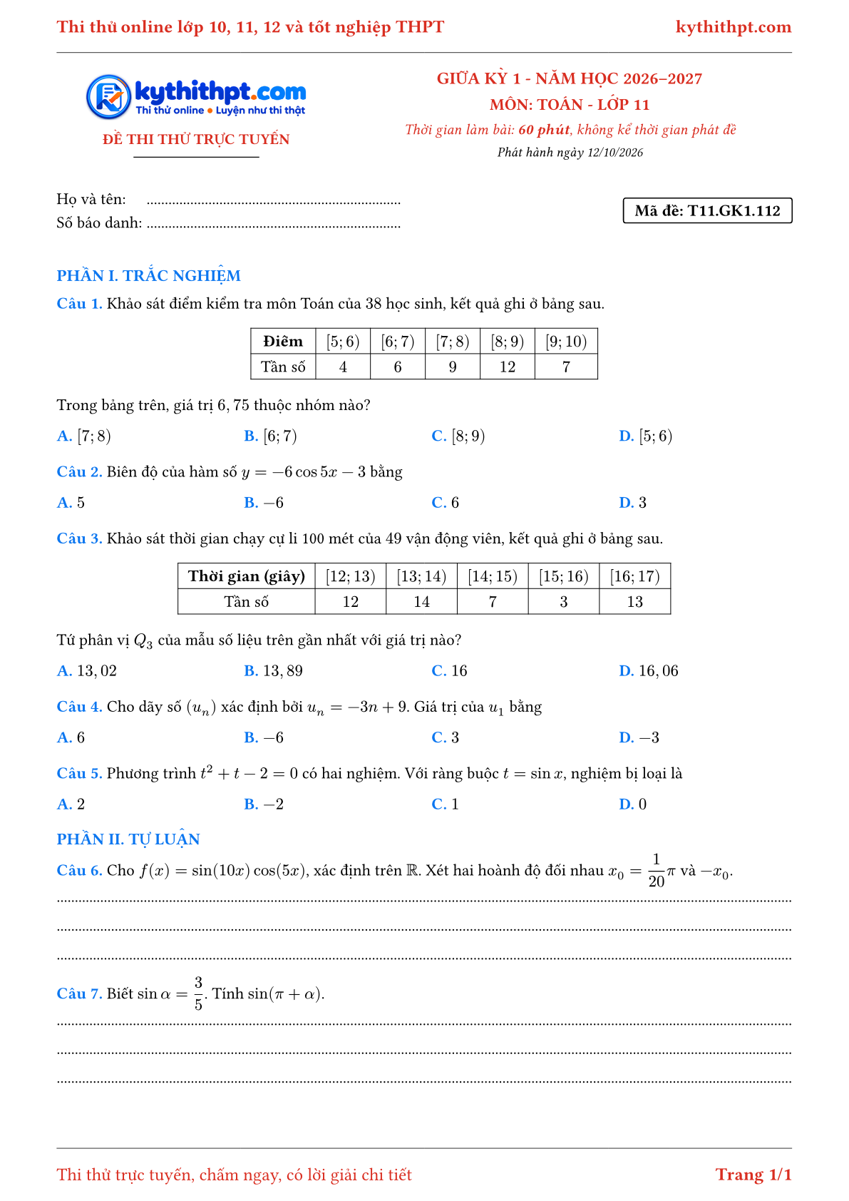 Trang đầu Đề thi thử online giữa kỳ 1 môn Toán lớp 11 - trắc nghiệm + tự luận - đề 114