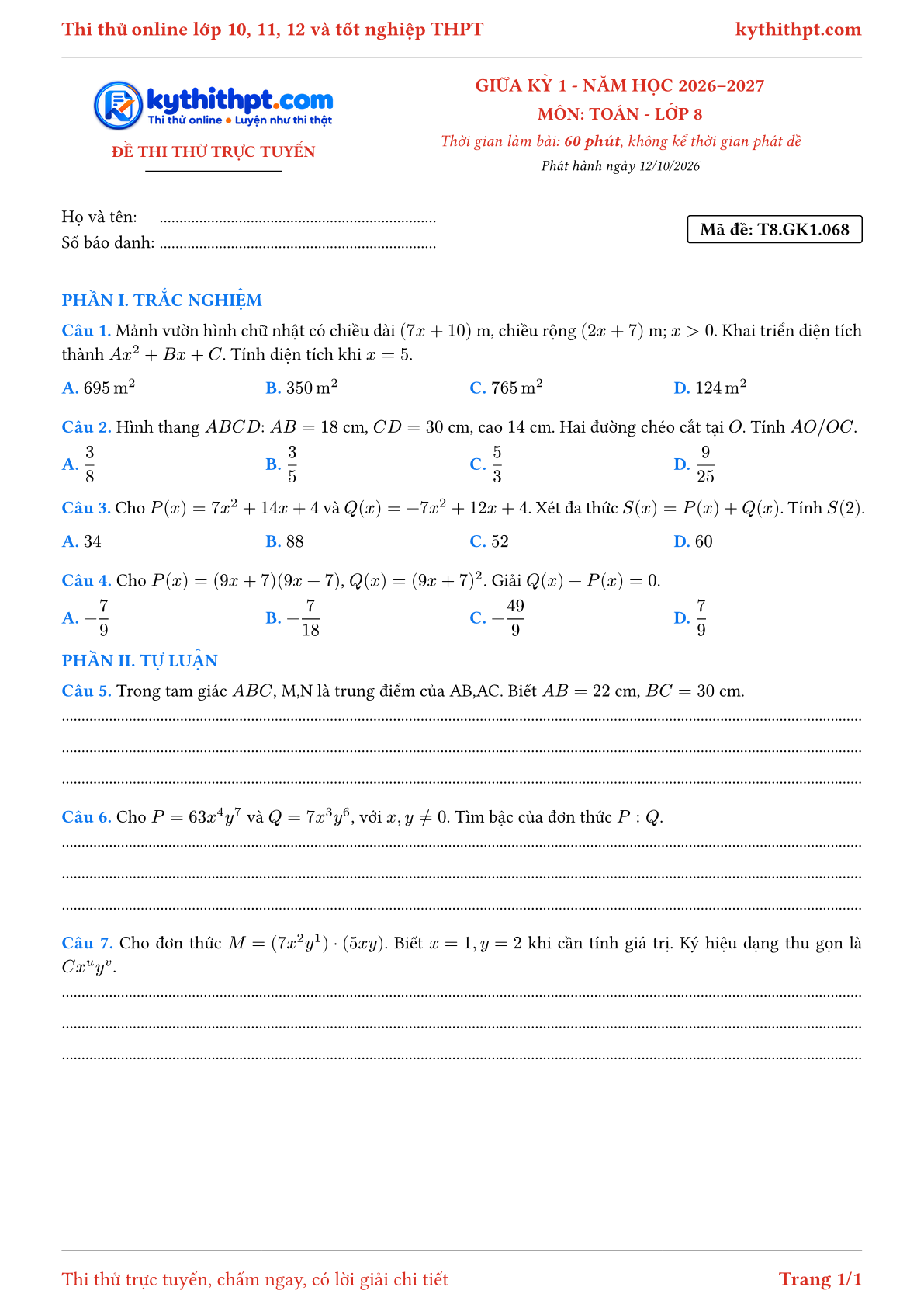 Trang đầu Đề thi thử online giữa kỳ 1 môn Toán lớp 8 - trắc nghiệm + tự luận nâng cao - đề 071