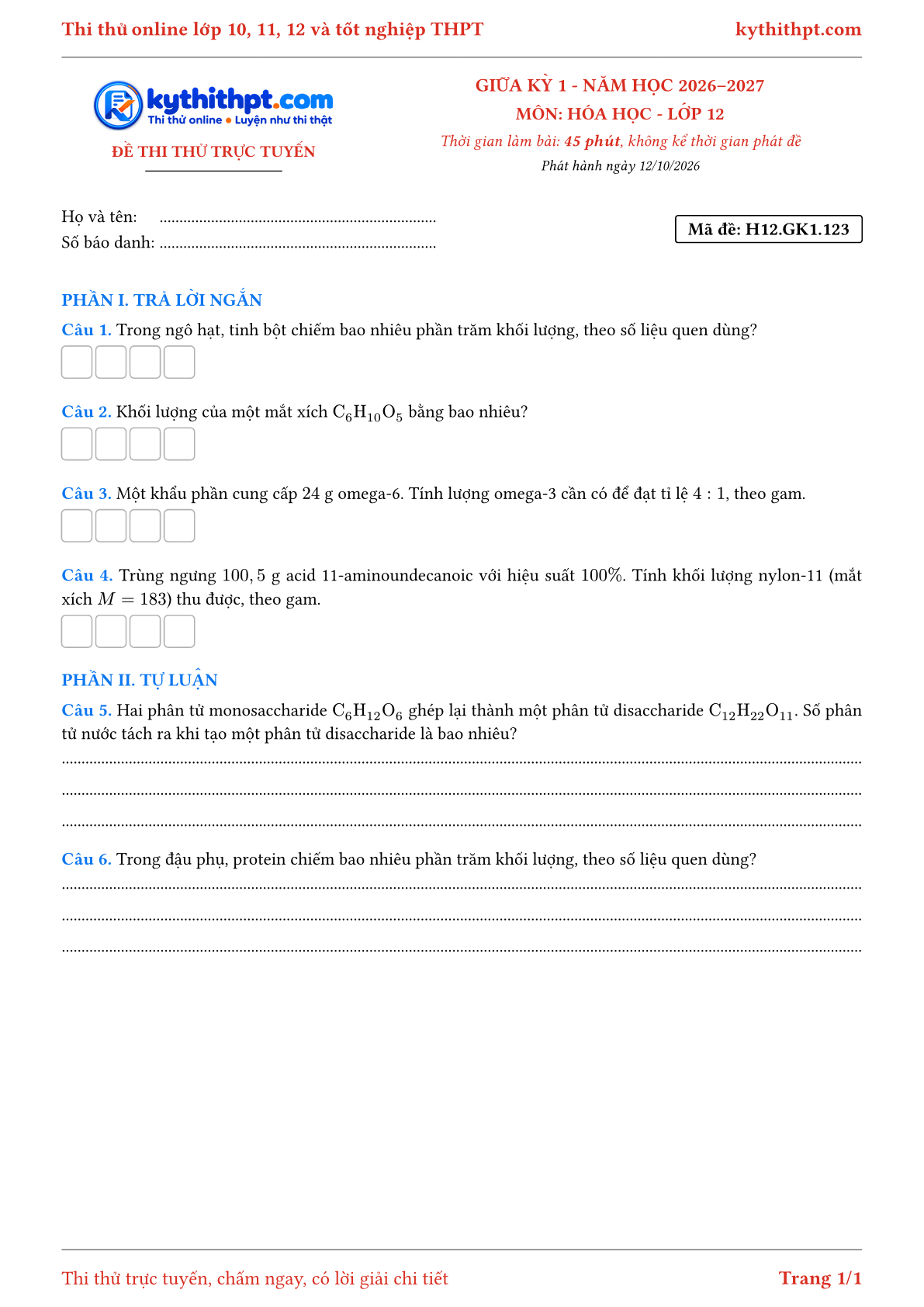 Trang đầu Đề thi thử online giữa kỳ 1 môn Hóa học lớp 12 - trả lời ngắn + tự luận - đề 125
