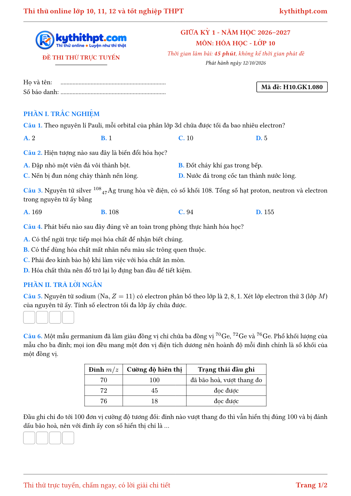 Trang đầu Đề thi thử online giữa kỳ 1 môn Hóa học lớp 10 - trắc nghiệm + trả lời ngắn + tự luận - đề 082