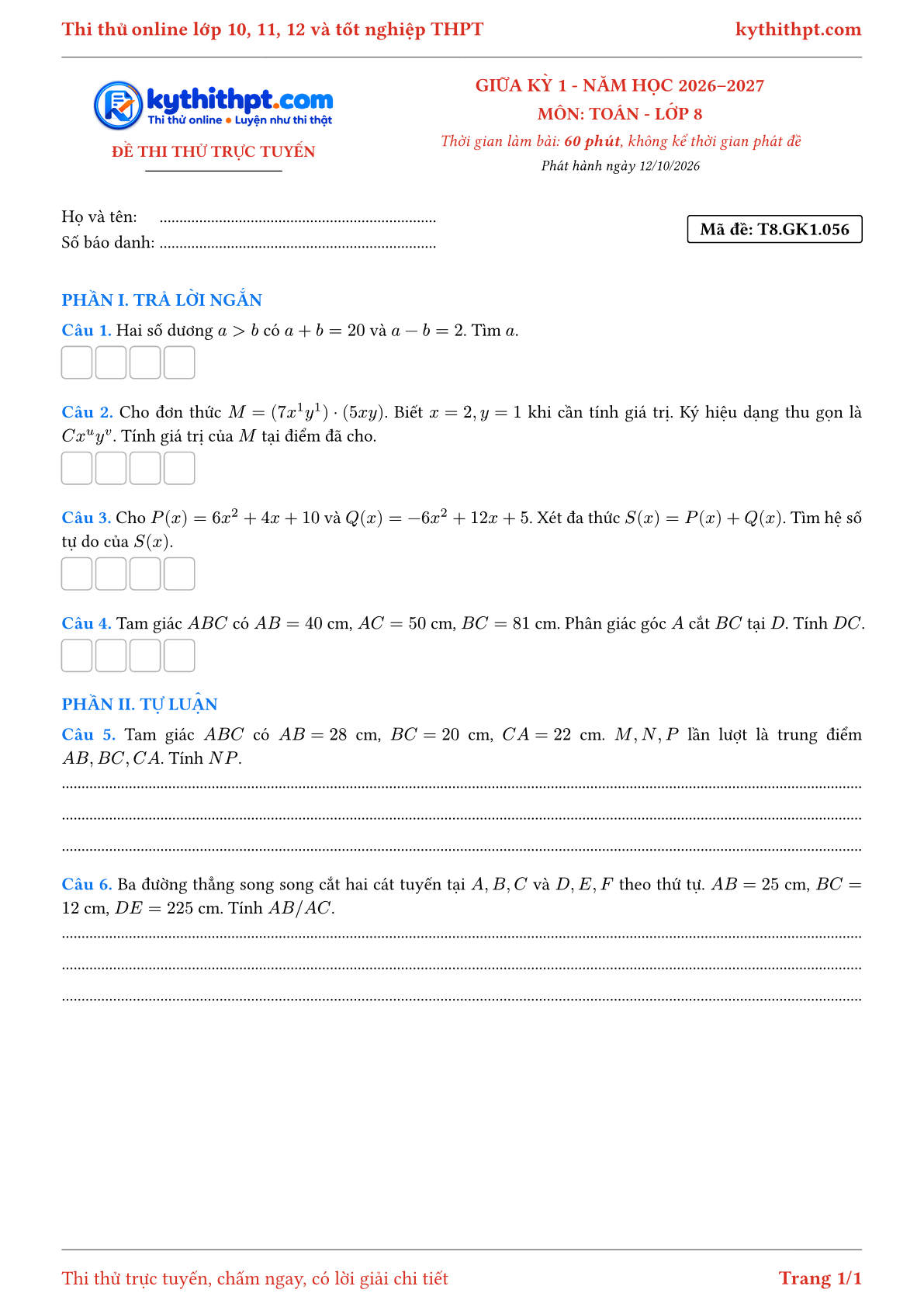 Trang đầu Đề thi thử online giữa kỳ 1 môn Toán lớp 8 - trả lời ngắn + tự luận - đề 058