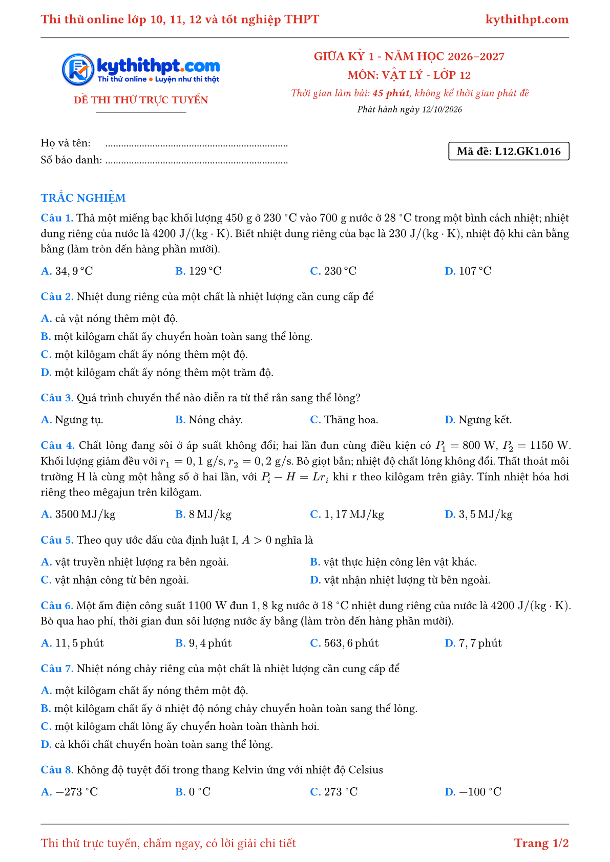 Trang đầu Đề thi thử online giữa kỳ 1 môn Vật lý lớp 12 - full trắc nghiệm - đề 016