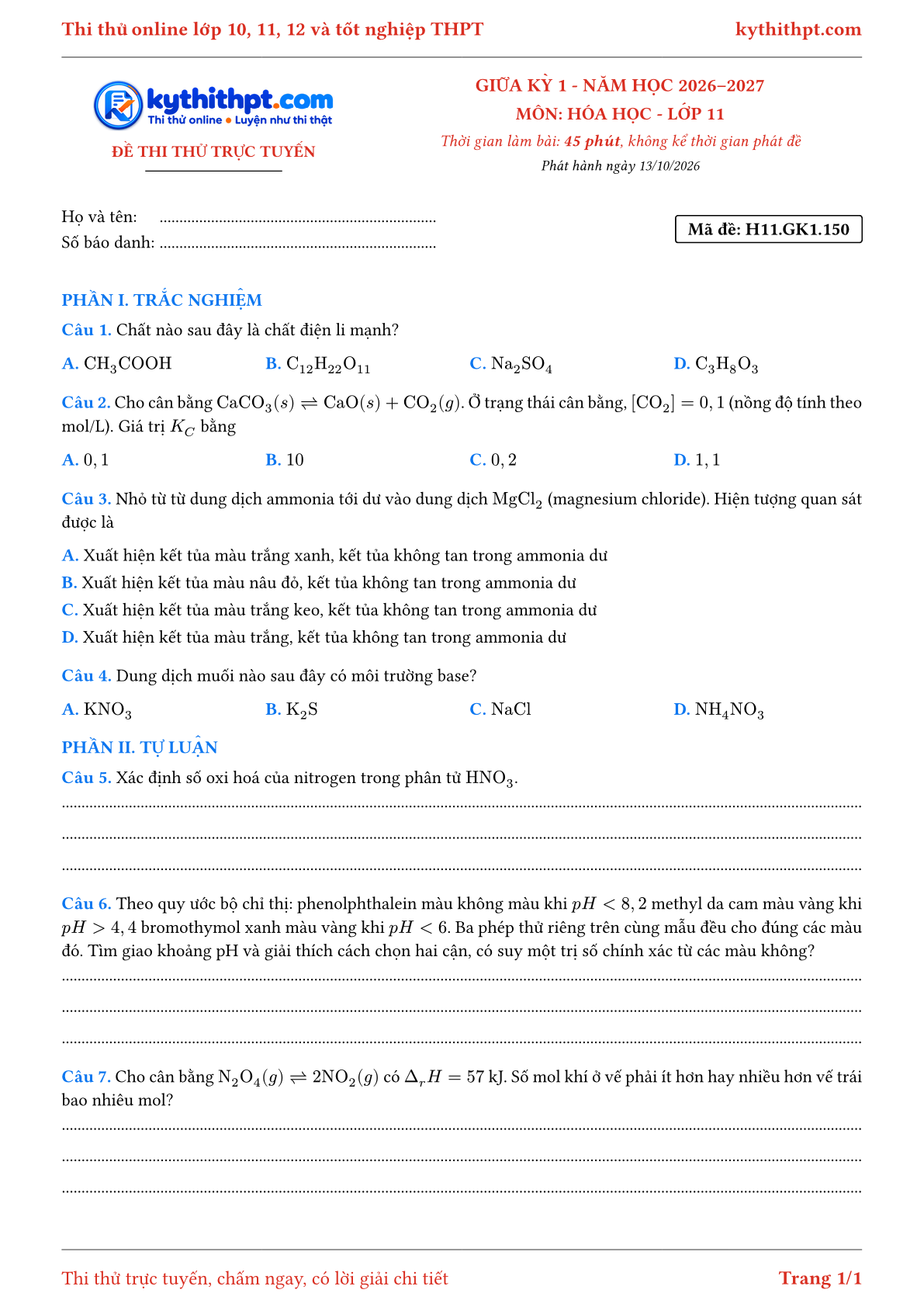 Trang đầu Đề thi thử online giữa kỳ 1 môn Hóa học lớp 11 - trắc nghiệm + tự luận nâng cao - đề 150