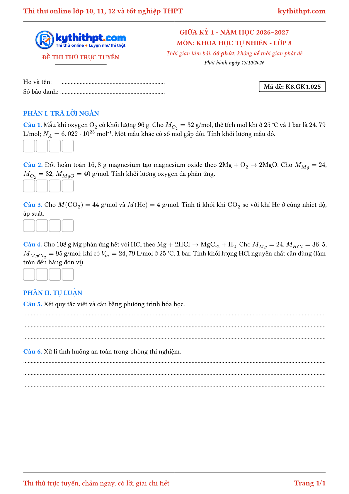 Trang đầu Đề thi thử online giữa kỳ 1 môn Khoa học tự nhiên lớp 8 - trả lời ngắn + tự luận - đề 025