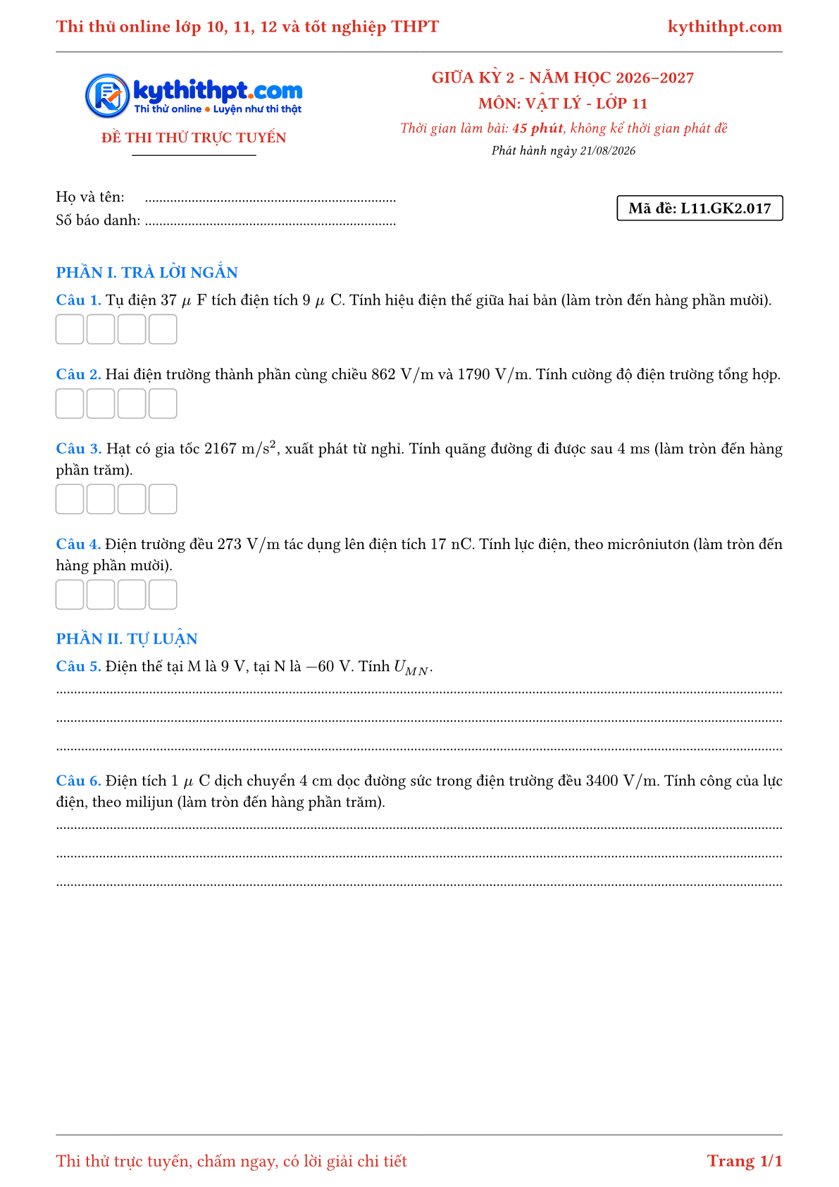 Trang đầu Đề thi thử online giữa kỳ 2 môn Vật lý lớp 11 - trả lời ngắn + tự luận - đề 017