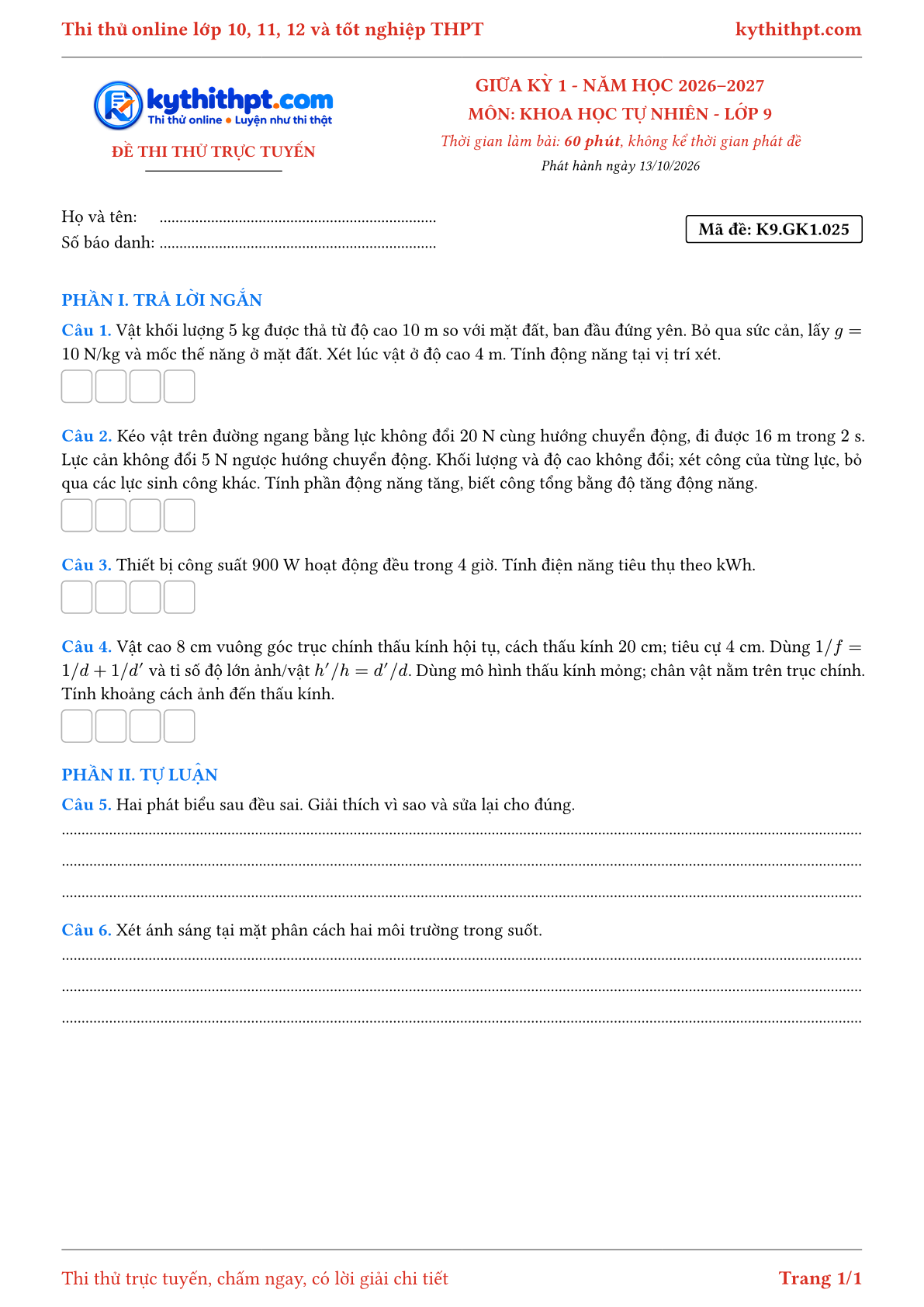 Trang đầu Đề thi thử online giữa kỳ 1 môn Khoa học tự nhiên lớp 9 - trả lời ngắn + tự luận - đề 025