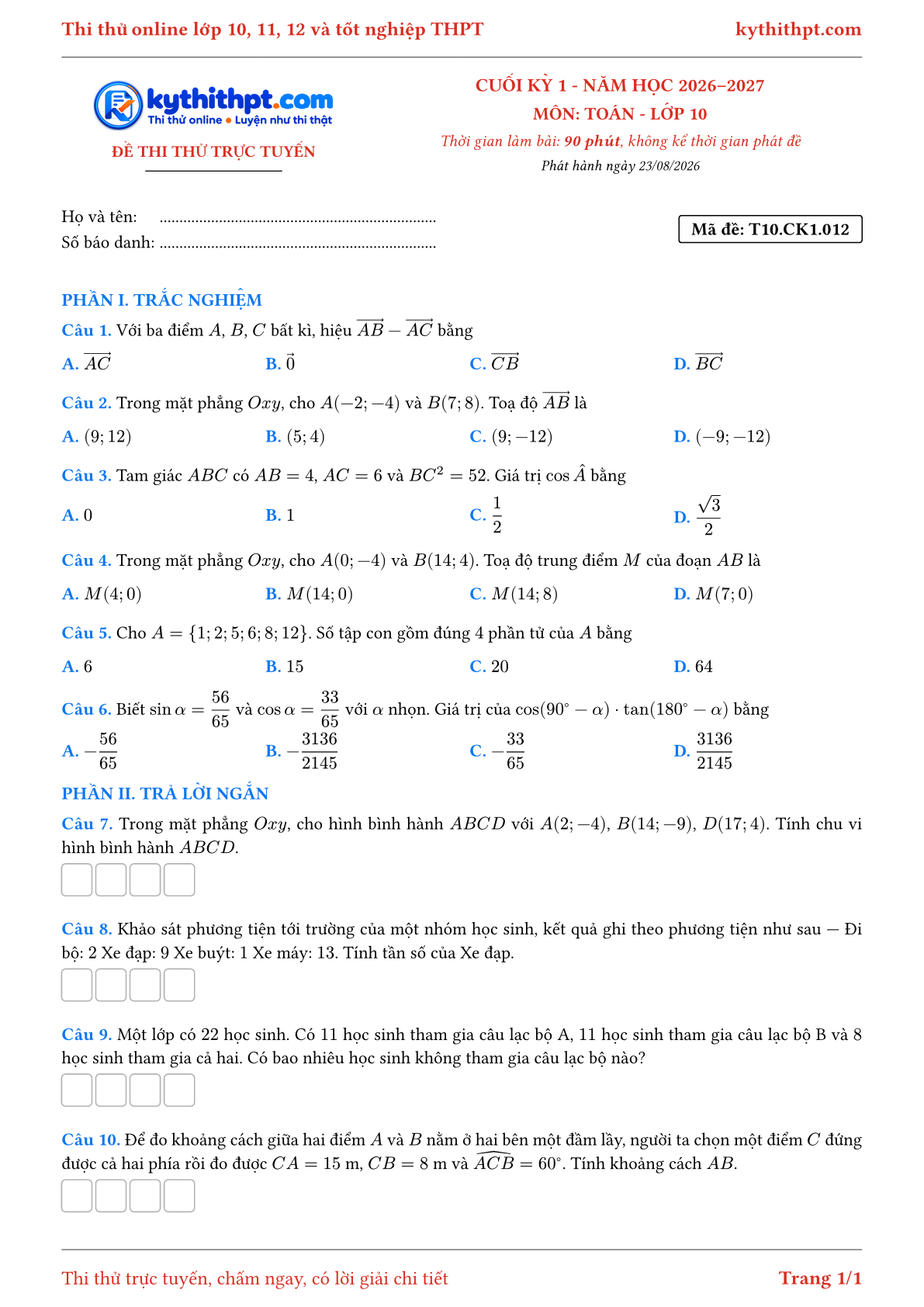 Trang đầu Đề thi thử online cuối kỳ 1 môn Toán lớp 10 - trắc nghiệm + trả lời ngắn - đề 012