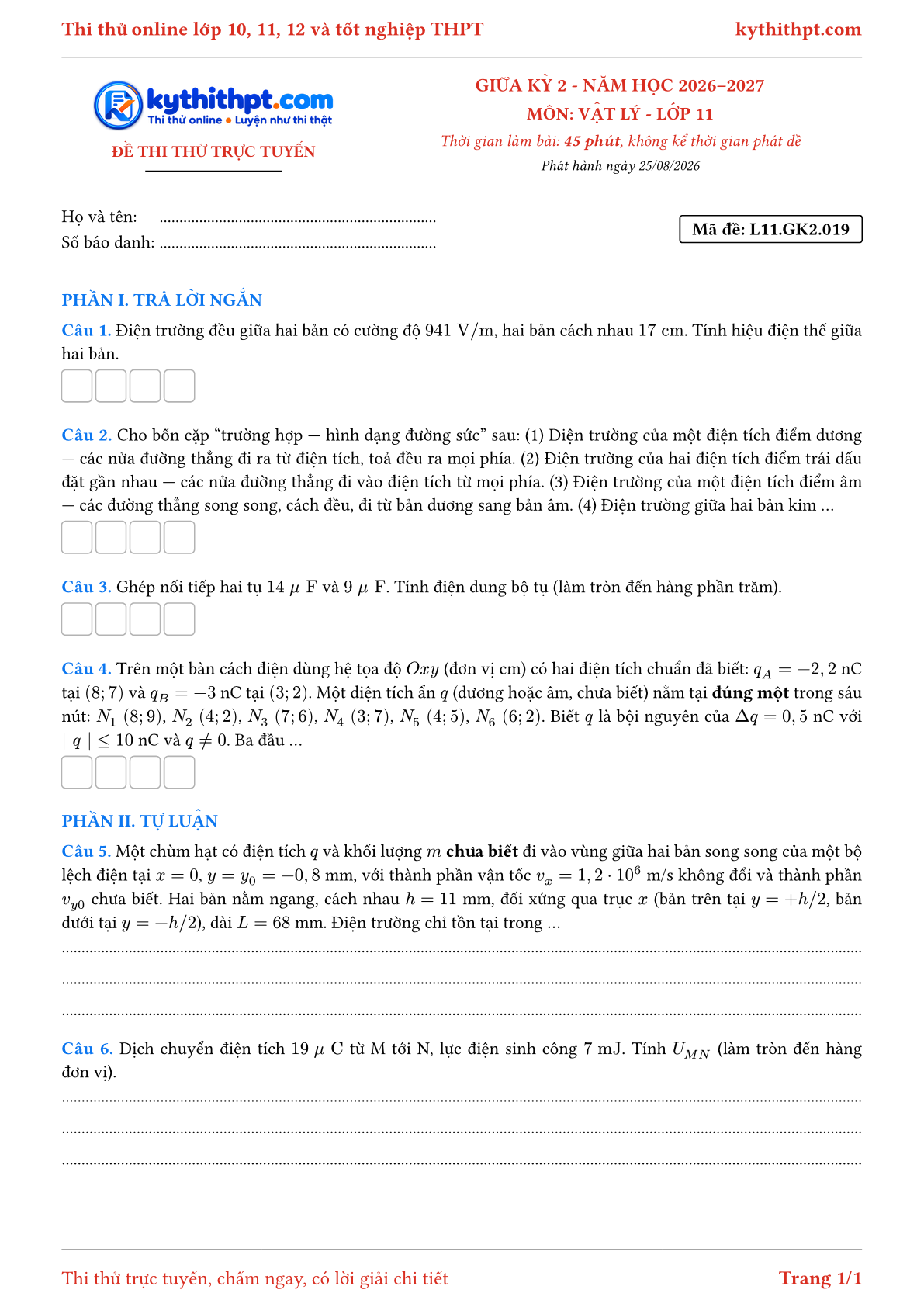 Trang đầu Đề thi thử online giữa kỳ 2 môn Vật lý lớp 11 - trả lời ngắn + tự luận - đề 019