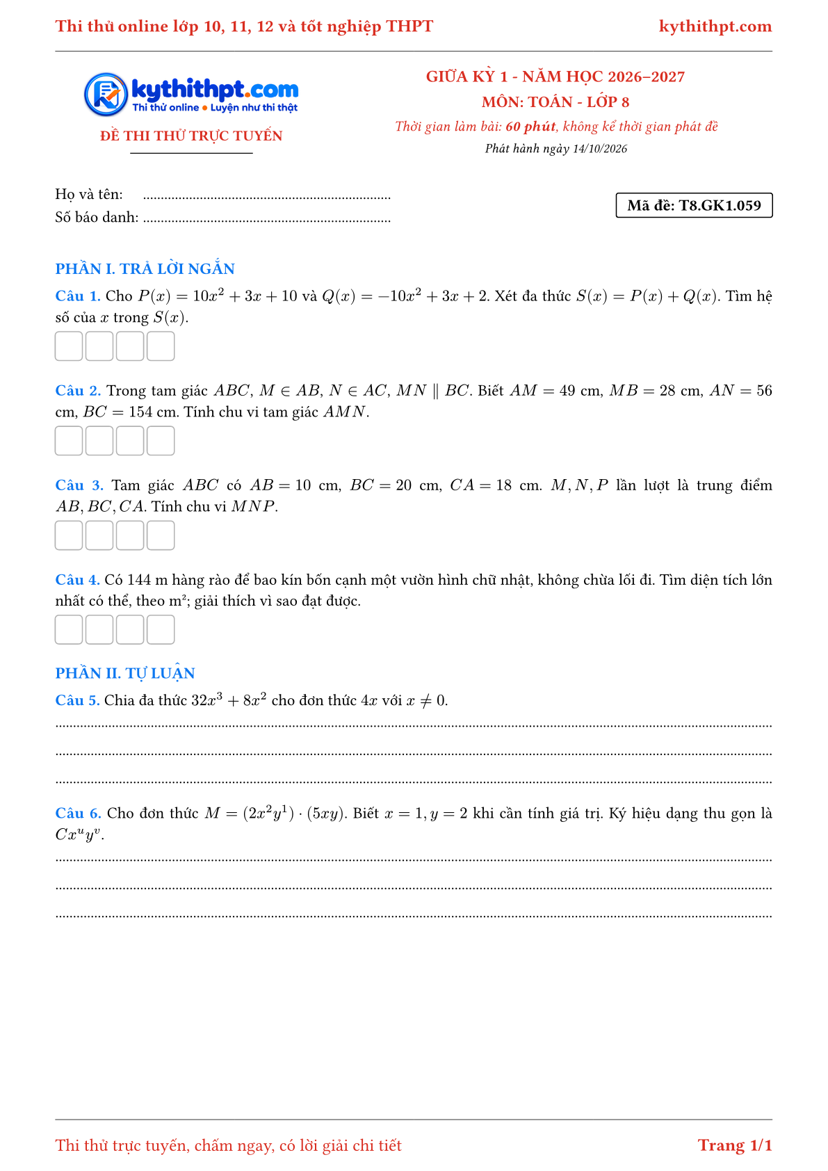 Trang đầu Đề thi thử online giữa kỳ 1 môn Toán lớp 8 - trả lời ngắn + tự luận - đề 059