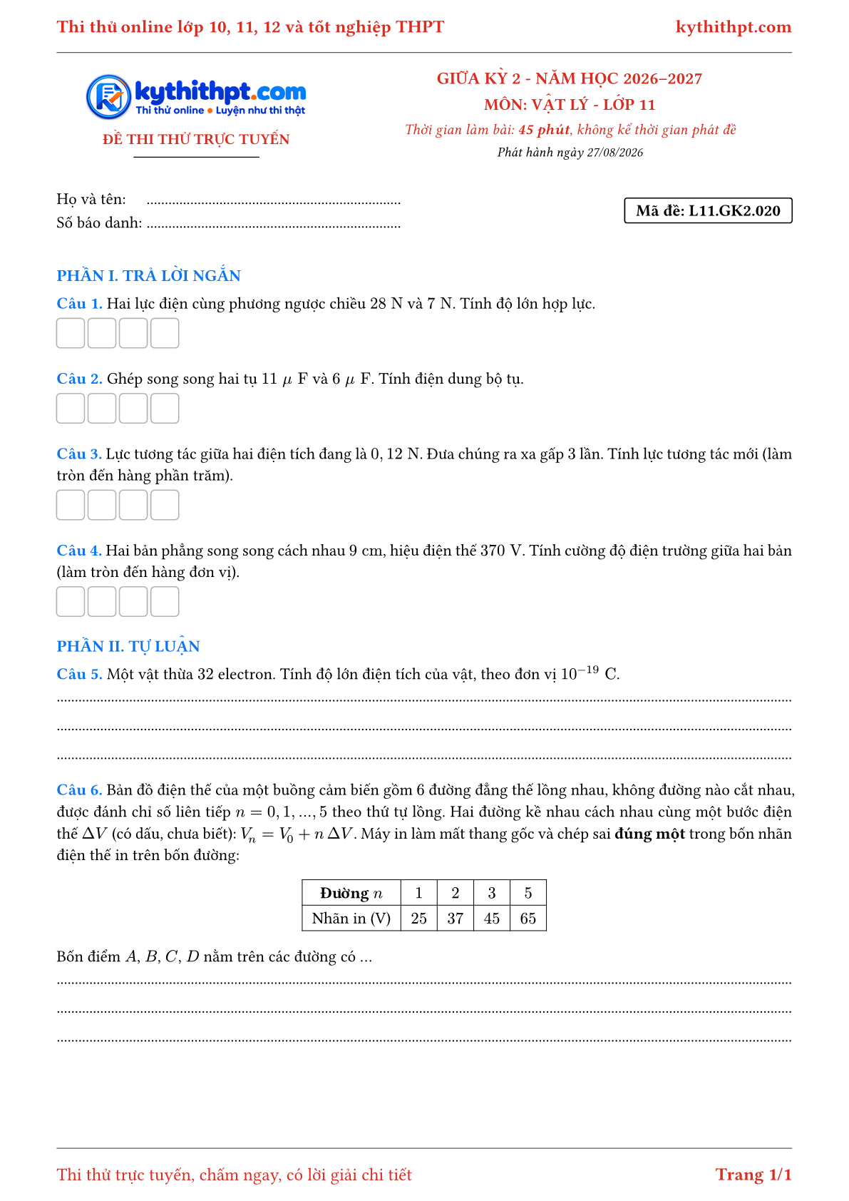 Trang đầu Đề thi thử online giữa kỳ 2 môn Vật lý lớp 11 - trả lời ngắn + tự luận - đề 020