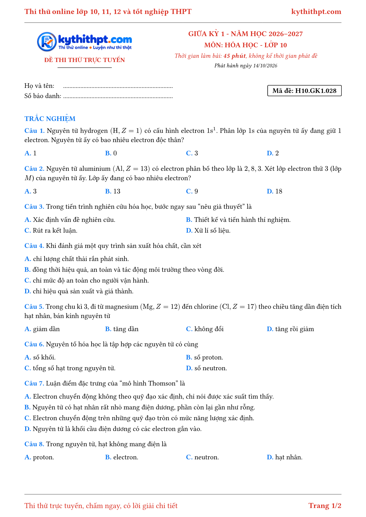 Trang đầu Đề thi thử online giữa kỳ 1 môn Hóa học lớp 10 - full trắc nghiệm - đề 028