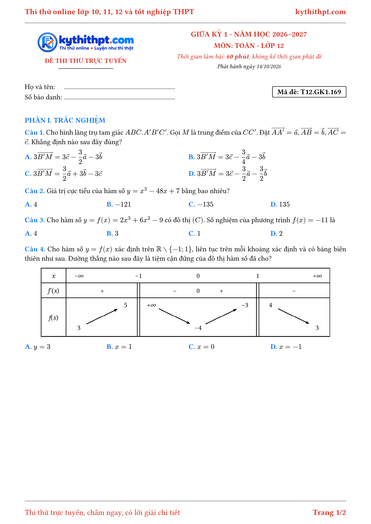 Trang đầu Đề thi thử online giữa kỳ 1 môn Toán lớp 12 - trắc nghiệm + tự luận nâng cao - đề 169