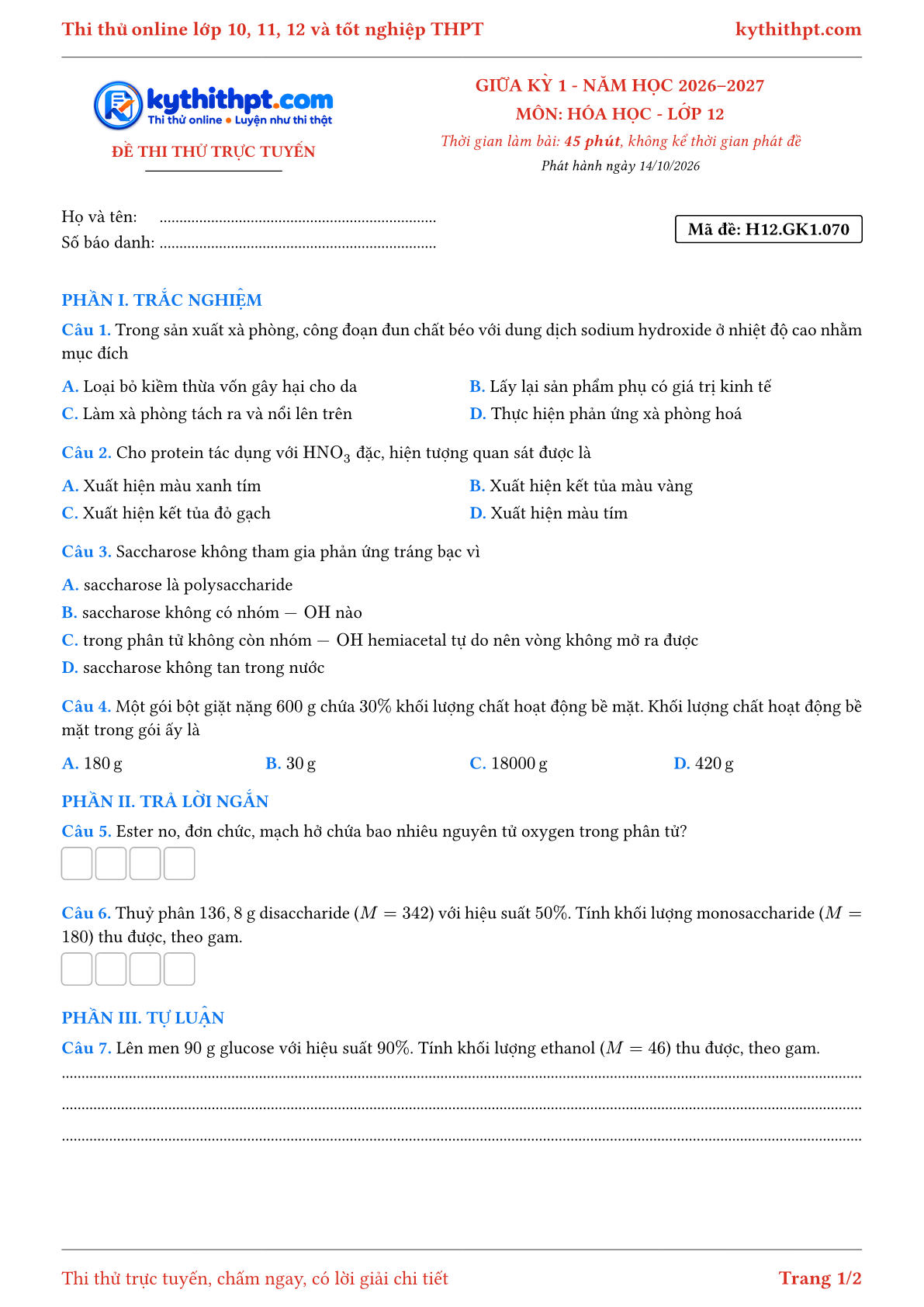Trang đầu Đề thi thử online giữa kỳ 1 môn Hóa học lớp 12 - trắc nghiệm + trả lời ngắn + tự luận - đề 070