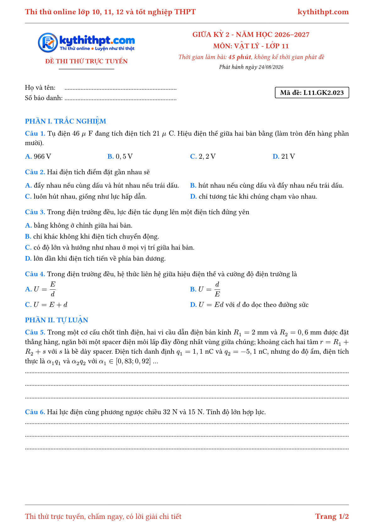 Trang đầu Đề thi thử online giữa kỳ 2 môn Vật lý lớp 11 - trắc nghiệm + tự luận nâng cao - đề 023