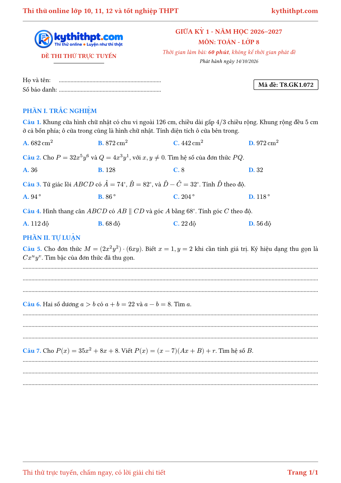 Trang đầu Đề thi thử online giữa kỳ 1 môn Toán lớp 8 - trắc nghiệm + tự luận nâng cao - đề 072