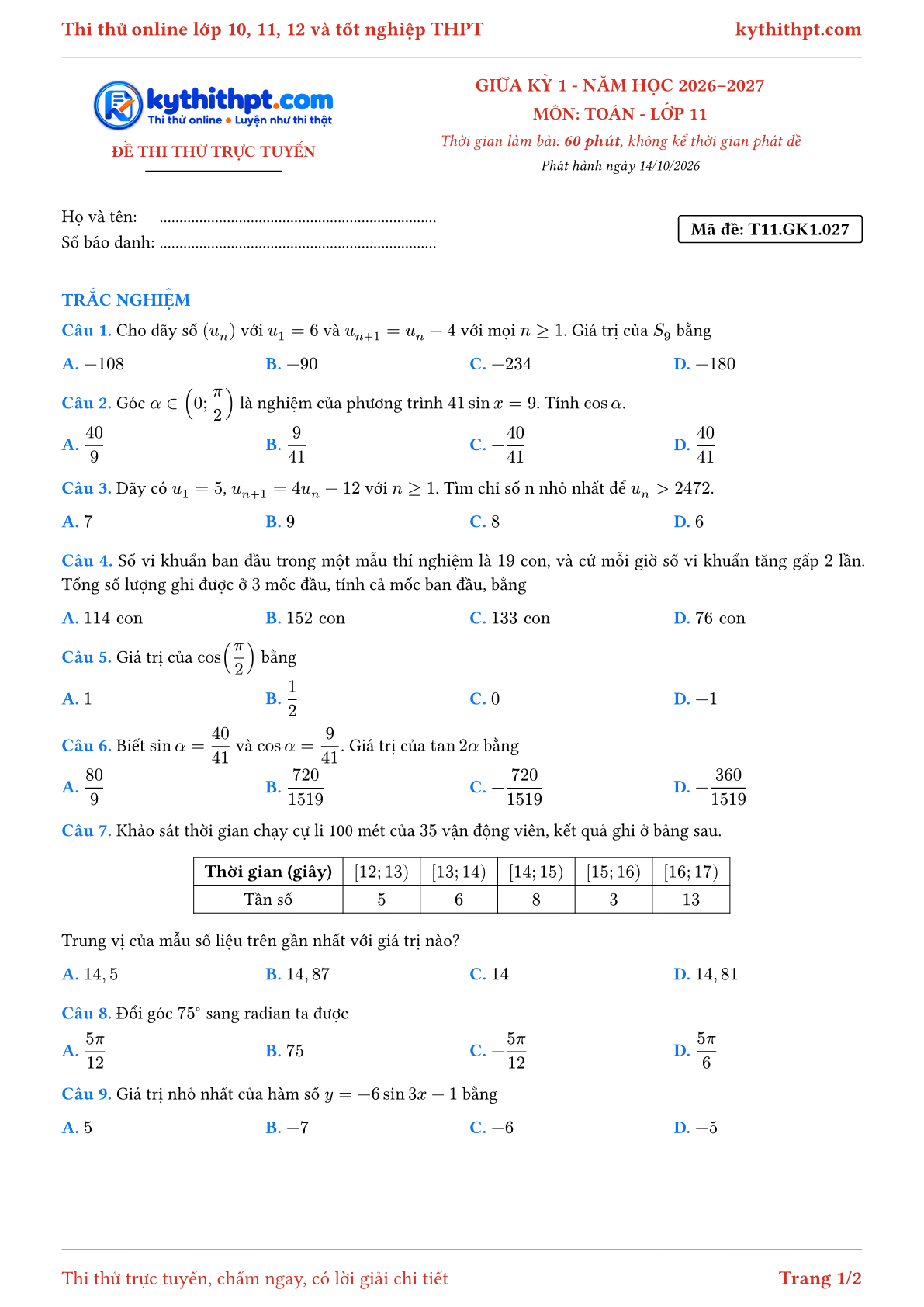 Trang đầu Đề thi thử online giữa kỳ 1 môn Toán lớp 11 - full trắc nghiệm - đề 027
