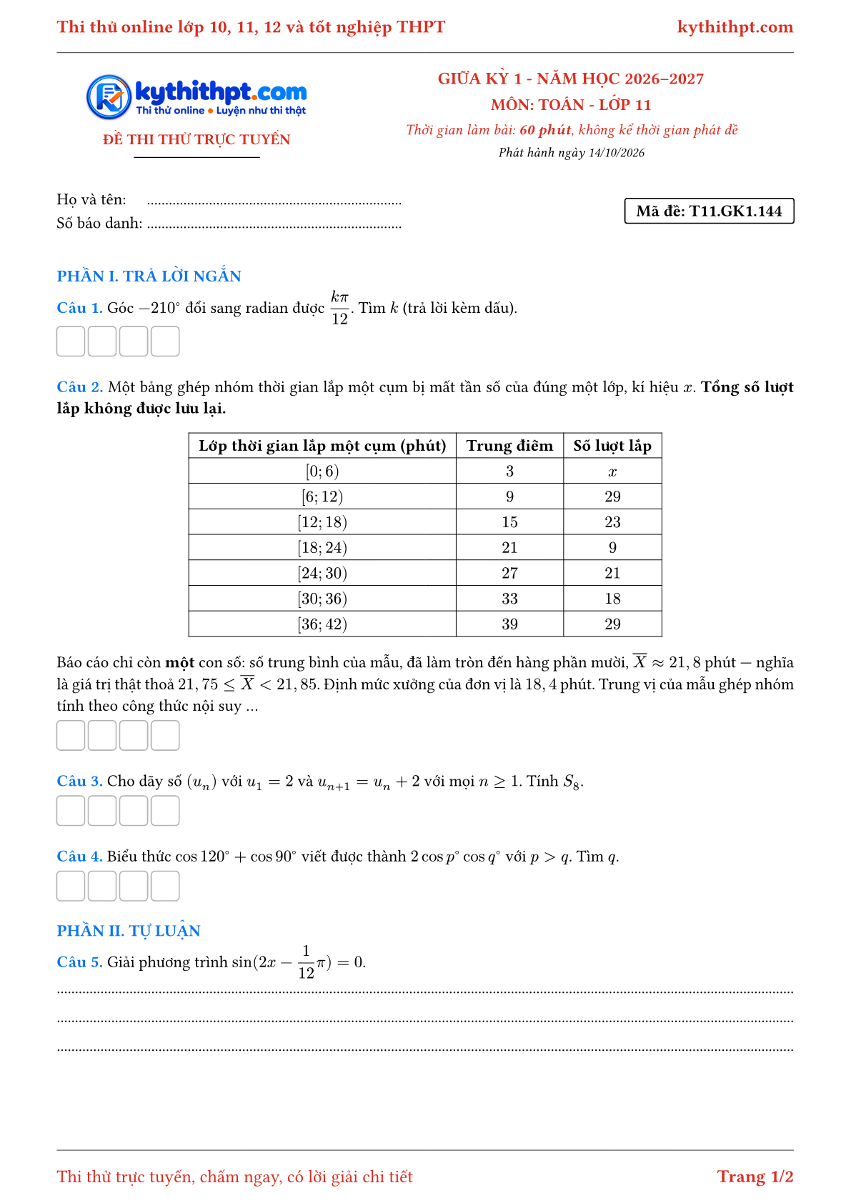 Trang đầu Đề thi thử online giữa kỳ 1 môn Toán lớp 11 - trả lời ngắn + tự luận - đề 144