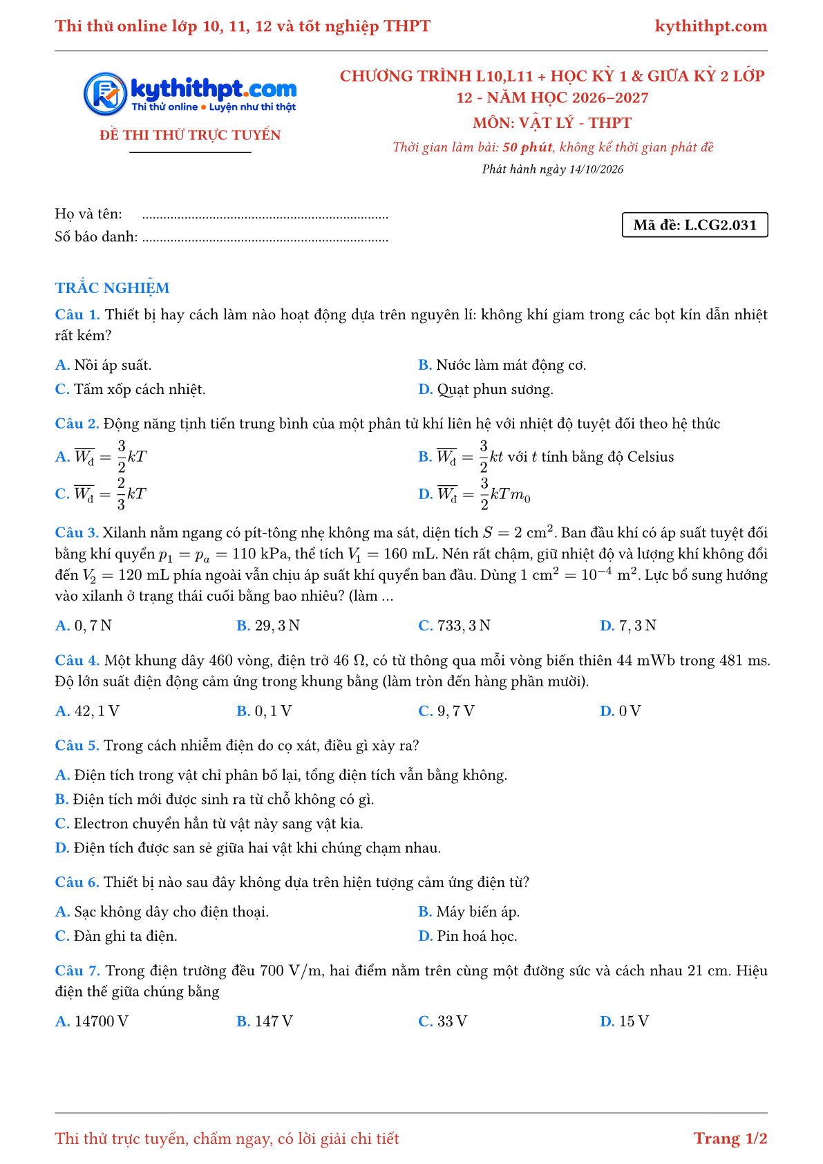 Trang đầu Đề thi thử online môn Vật lý theo chương trình lớp 10, 11 và học kỳ 1, giữa kỳ 2 lớp 12 - ôn luyện trắc nghiệm - đề 031