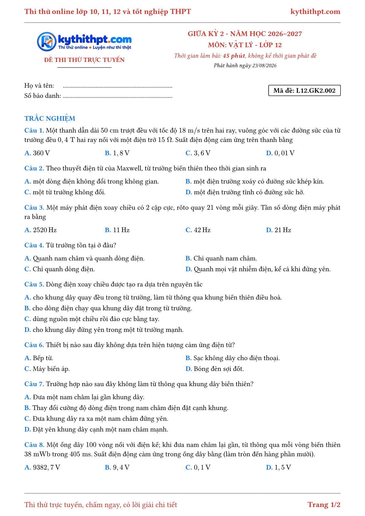 Trang đầu Đề thi thử online giữa kỳ 2 môn Vật lý lớp 12 - full trắc nghiệm - đề 002