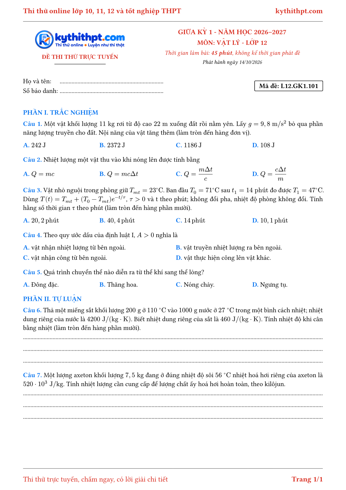 Trang đầu Đề thi thử online giữa kỳ 1 môn Vật lý lớp 12 - trắc nghiệm + tự luận - đề 101