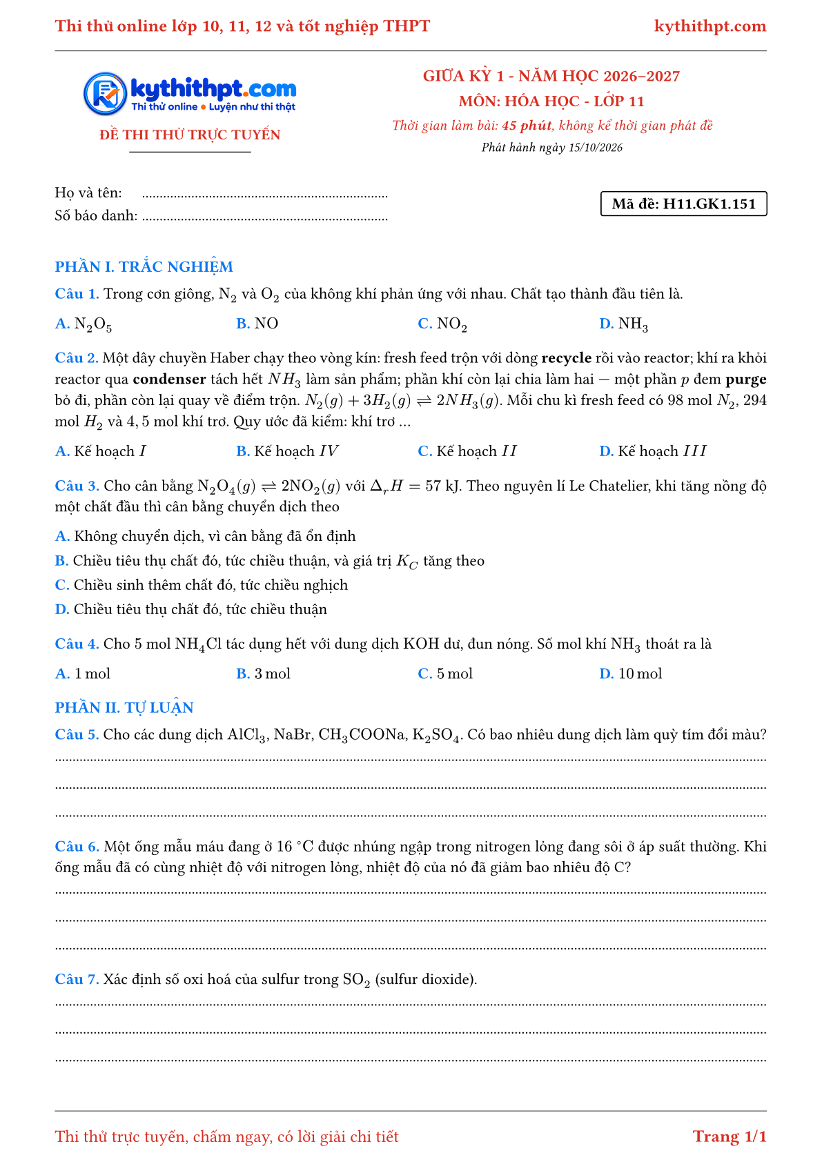 Trang đầu Đề thi thử online giữa kỳ 1 môn Hóa học lớp 11 - trắc nghiệm + tự luận nâng cao - đề 151