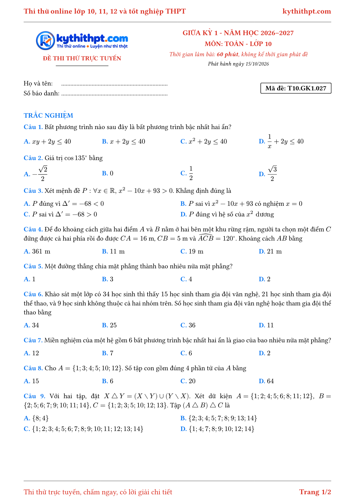 Trang đầu Đề thi thử online giữa kỳ 1 môn Toán lớp 10 - full trắc nghiệm - đề 027