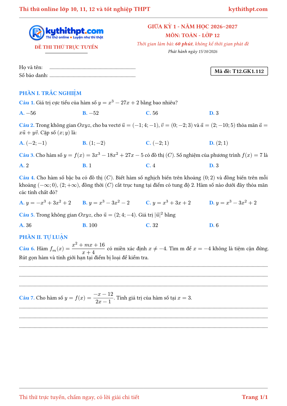 Trang đầu Đề thi thử online giữa kỳ 1 môn Toán lớp 12 - trắc nghiệm + tự luận - đề 112