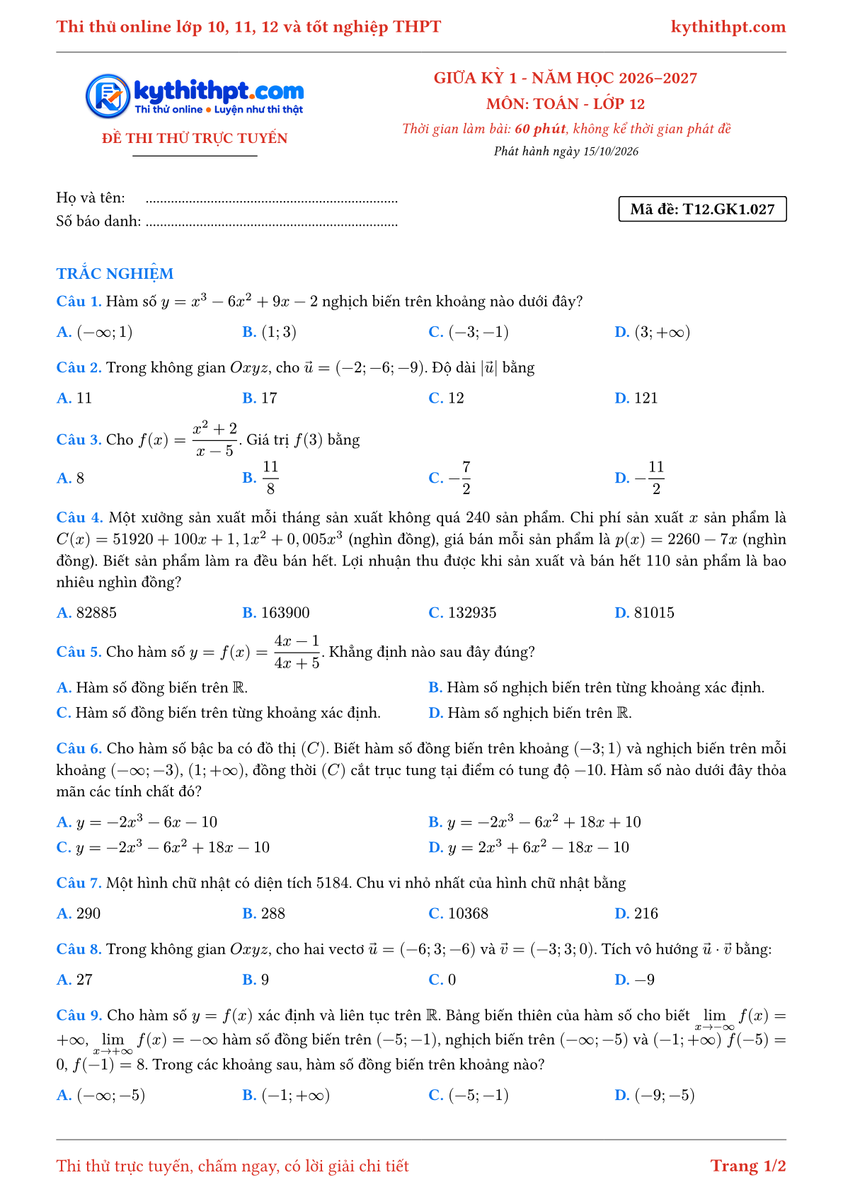 Trang đầu Đề thi thử online giữa kỳ 1 môn Toán lớp 12 - full trắc nghiệm - đề 027