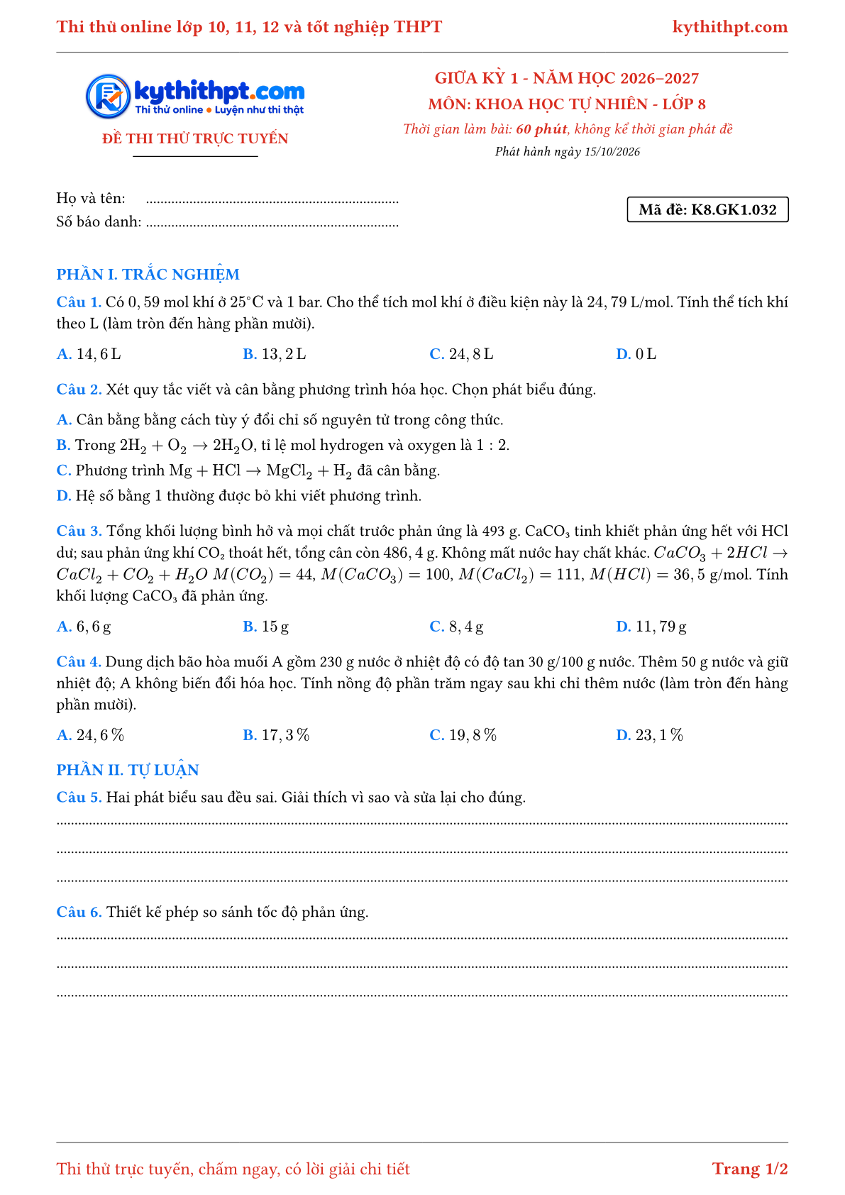 Trang đầu Đề thi thử online giữa kỳ 1 môn Khoa học tự nhiên lớp 8 - trắc nghiệm + tự luận nâng cao - đề 032