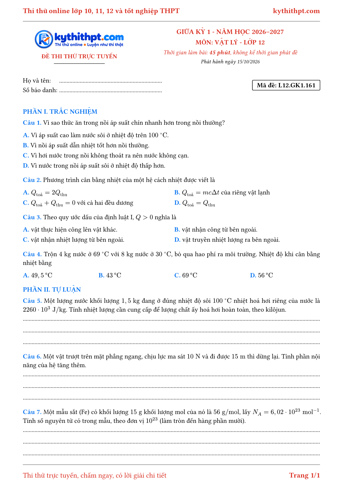 Trang đầu Đề thi thử online giữa kỳ 1 môn Vật lý lớp 12 - trắc nghiệm + tự luận nâng cao - đề 161