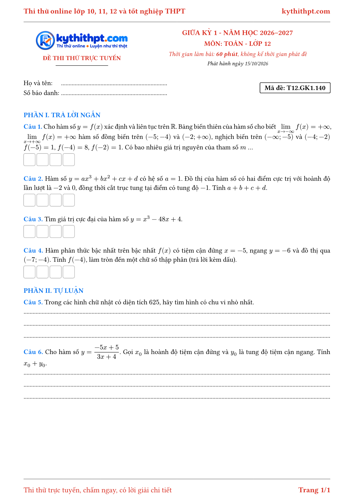 Trang đầu Đề thi thử online giữa kỳ 1 môn Toán lớp 12 - trả lời ngắn + tự luận - đề 140