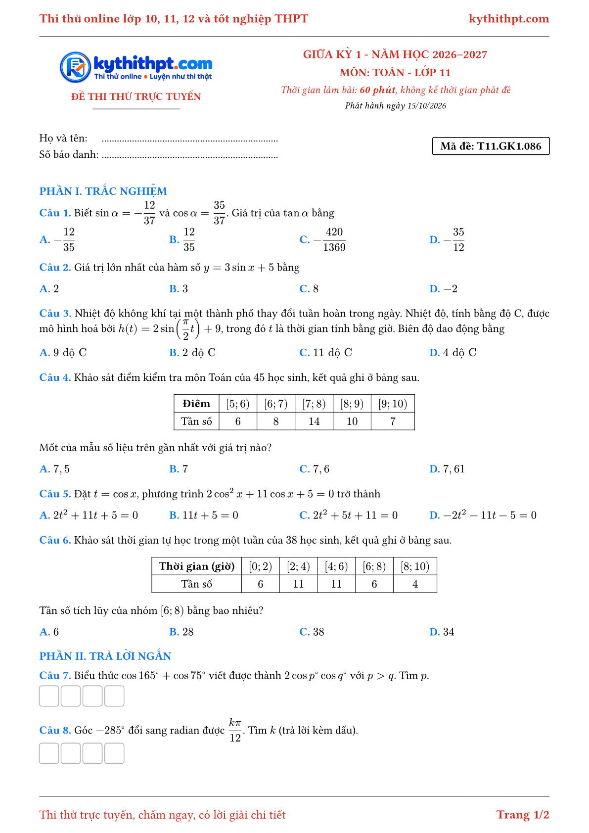 Trang đầu Đề thi thử online giữa kỳ 1 môn Toán lớp 11 - trắc nghiệm + trả lời ngắn - đề 086