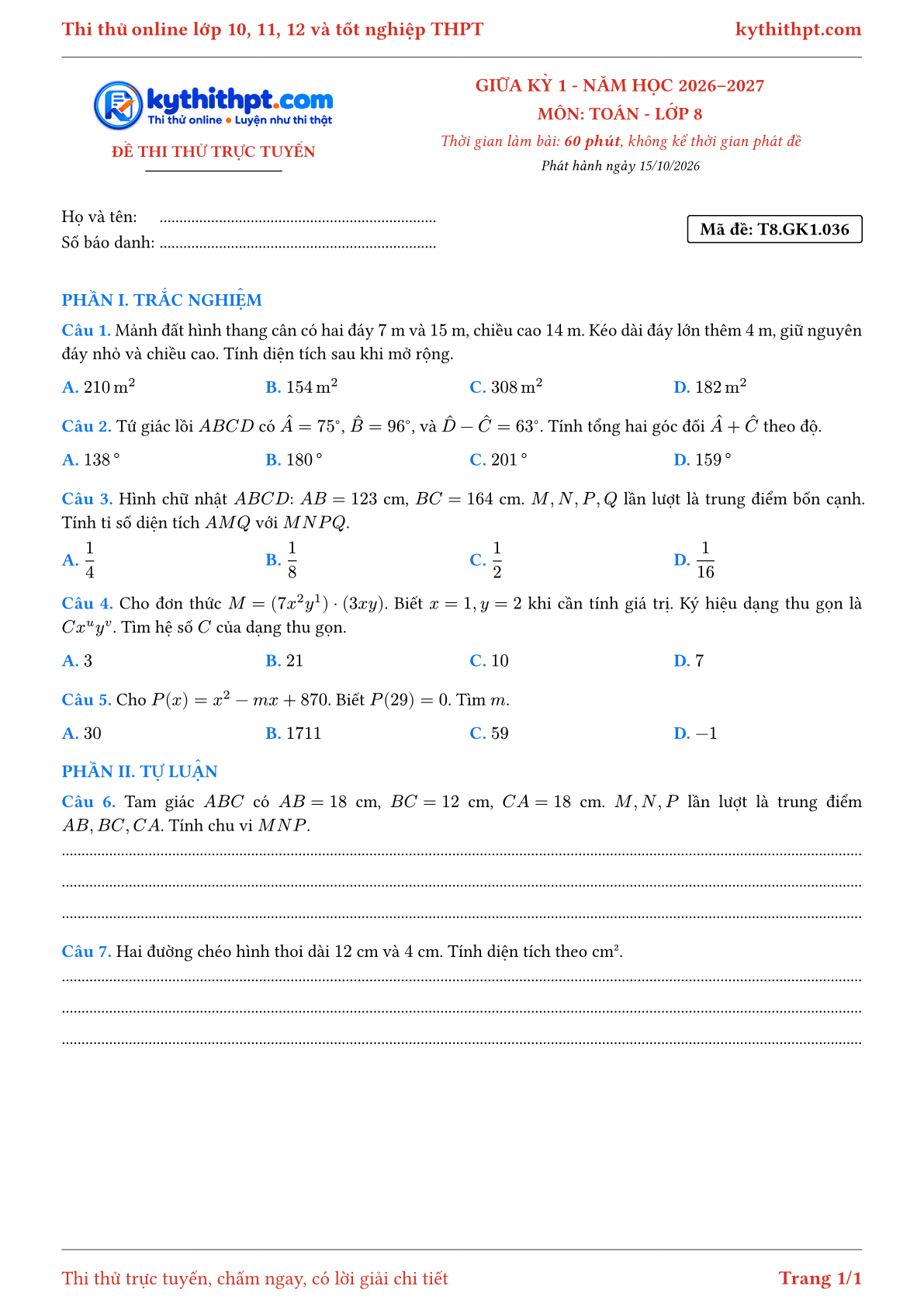 Trang đầu Đề thi thử online giữa kỳ 1 môn Toán lớp 8 - trắc nghiệm + tự luận - đề 036